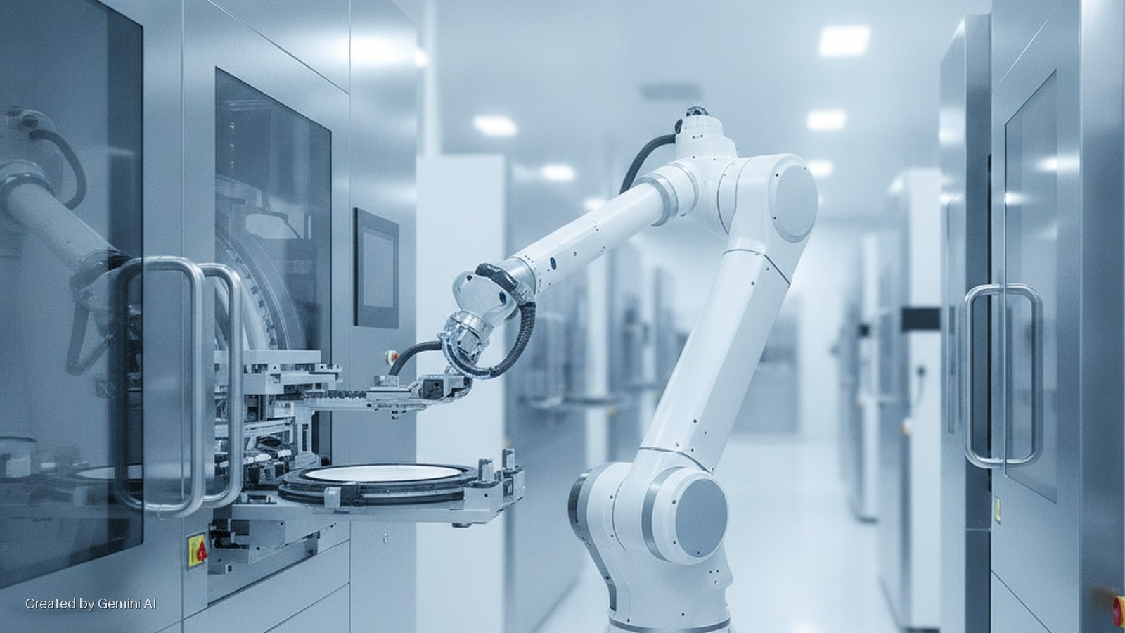A white robotic arm manipulates a circular object within a cleanroom environment, surrounded by glass-fronted industrial machinery under bright artificial light.