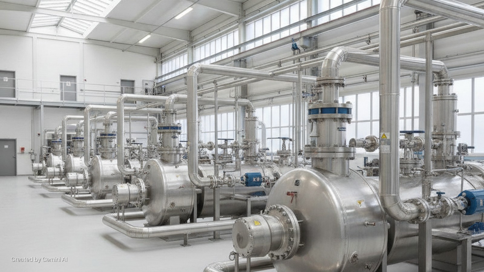 A brightly lit, clean industrial facility features a row of large, stainless steel processing vessels interconnected by extensive piping and valves, with natural light entering from large windows.