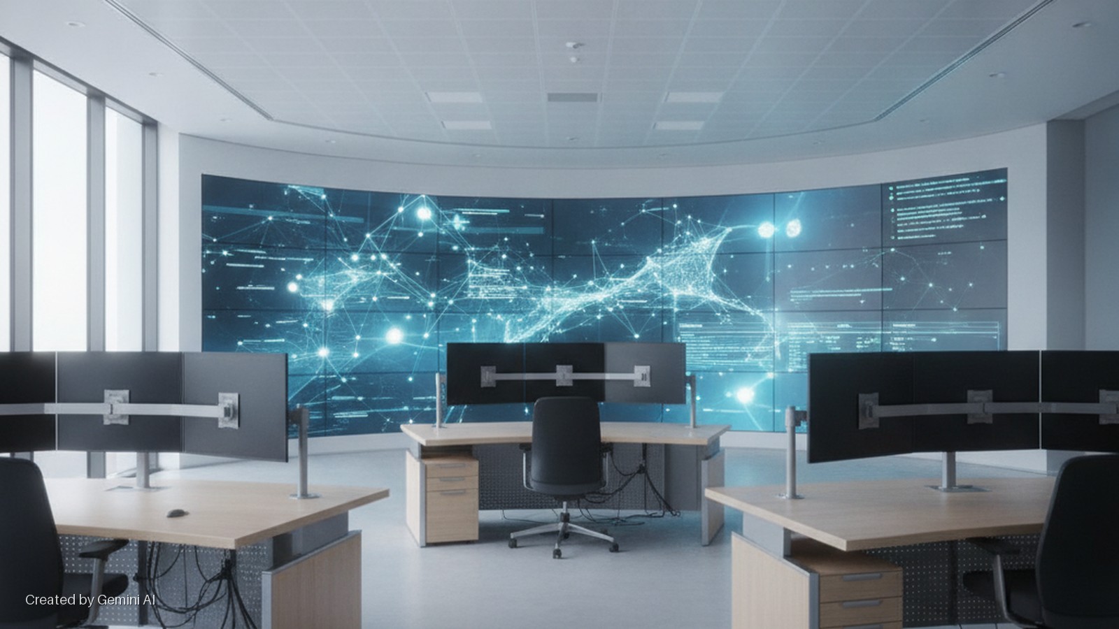 A brightly lit modern control room features a large curved video wall displaying a blue digital network, with multiple empty workstations each equipped with three monitors and an office chair, under natural light from large windows and over