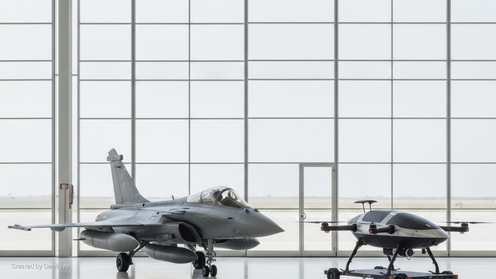 A grey Dassault Rafale fighter jet and a black and silver multirotor drone are displayed inside a naturally lit hangar with a large glass wall overlooking an airfield.