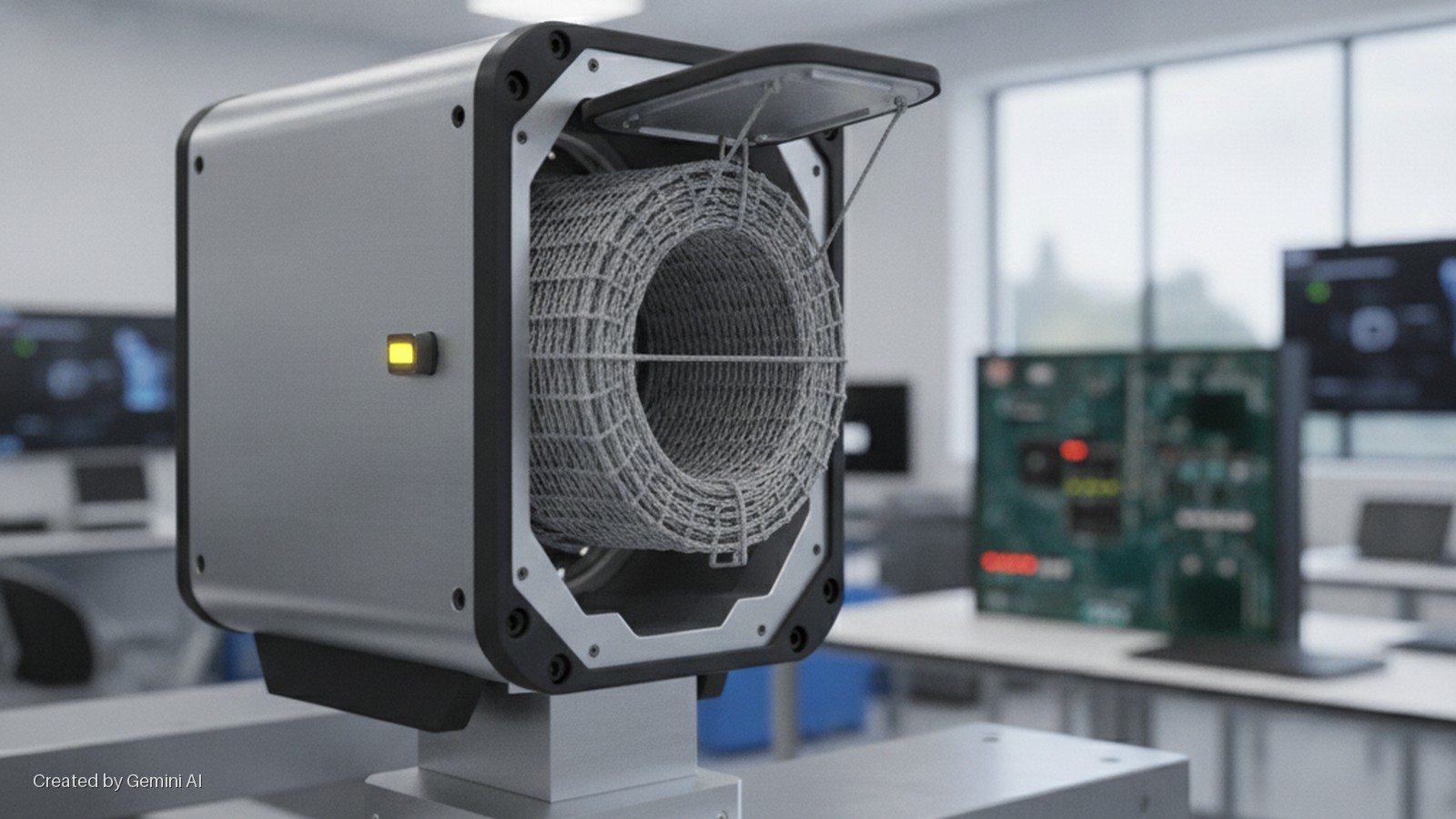 A grey and black industrial device with an upward-opening lid reveals a large coiled roll of grey mesh material, featuring a yellow indicator light, and is situated in a bright modern laboratory with blurred electronic equipment in the back