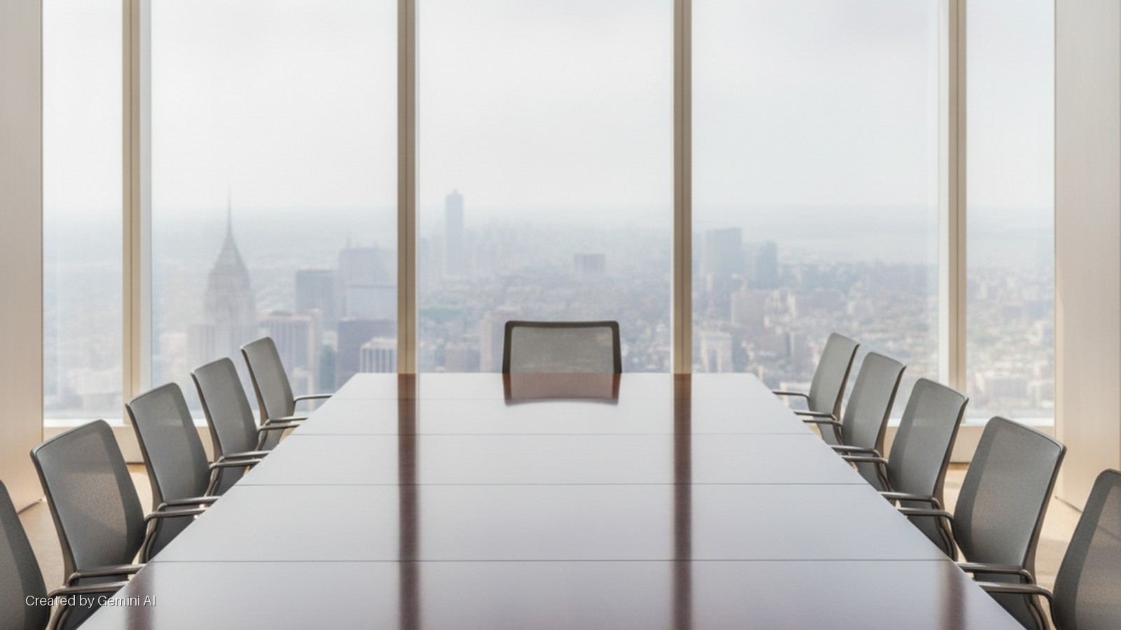 A well-lit boardroom features a long, reflective wooden conference table surrounded by grey mesh chairs, with expansive windows offering a hazy cityscape view.