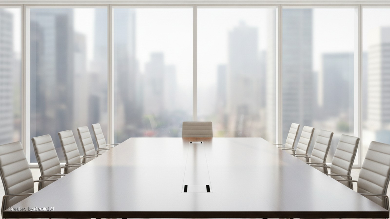 A well-lit, modern conference room features a long rectangular table with a single cream executive chair at one end and rows of matching chairs along the sides, all set against a backdrop of large windows overlooking a blurred city skyline.