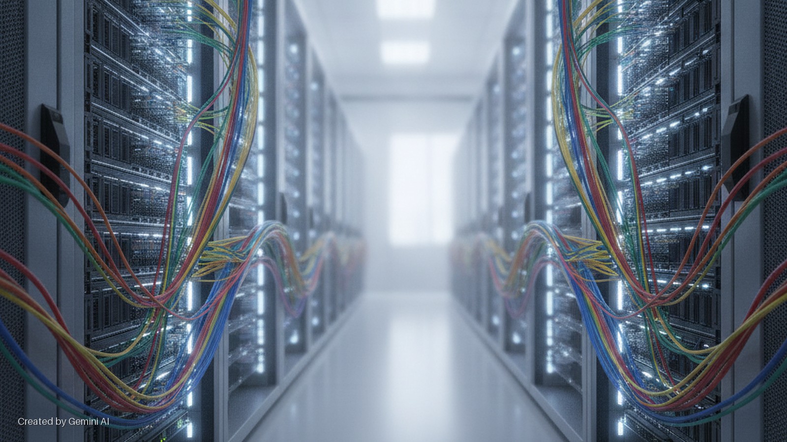 A brightly lit data center aisle features rows of server racks with glowing blue indicator lights, intertwined with numerous colorful red, blue, green, and yellow network cables in the foreground, receding into a hazy, bright background wit