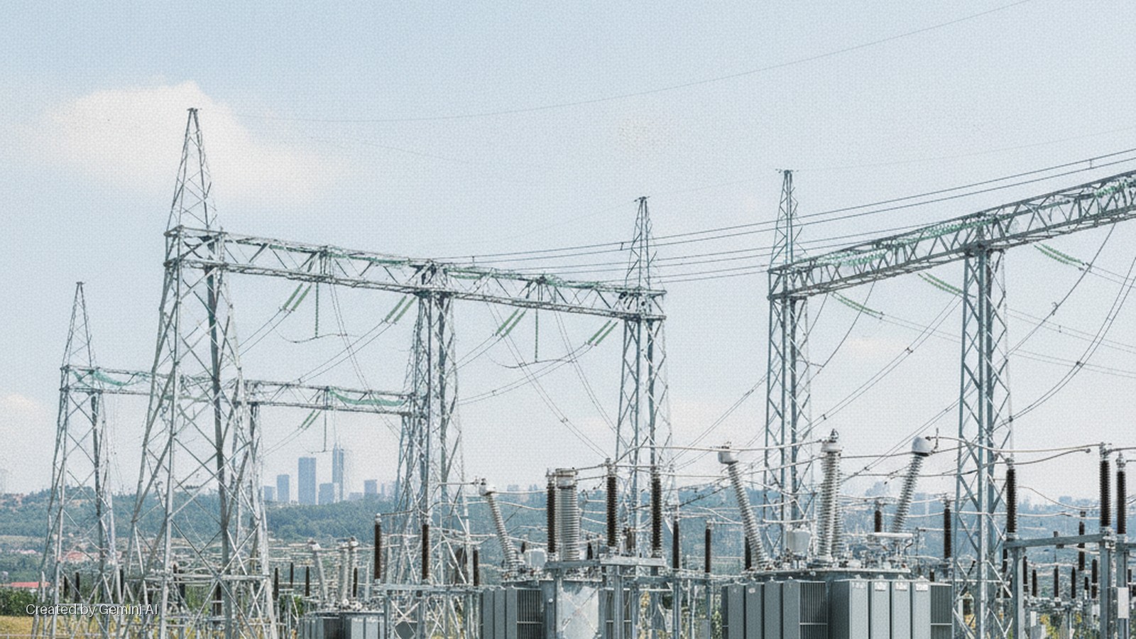 A large electricity substation with metal transmission towers, high-voltage power lines, and transformers under a bright daytime sky, with a city skyline in the background.