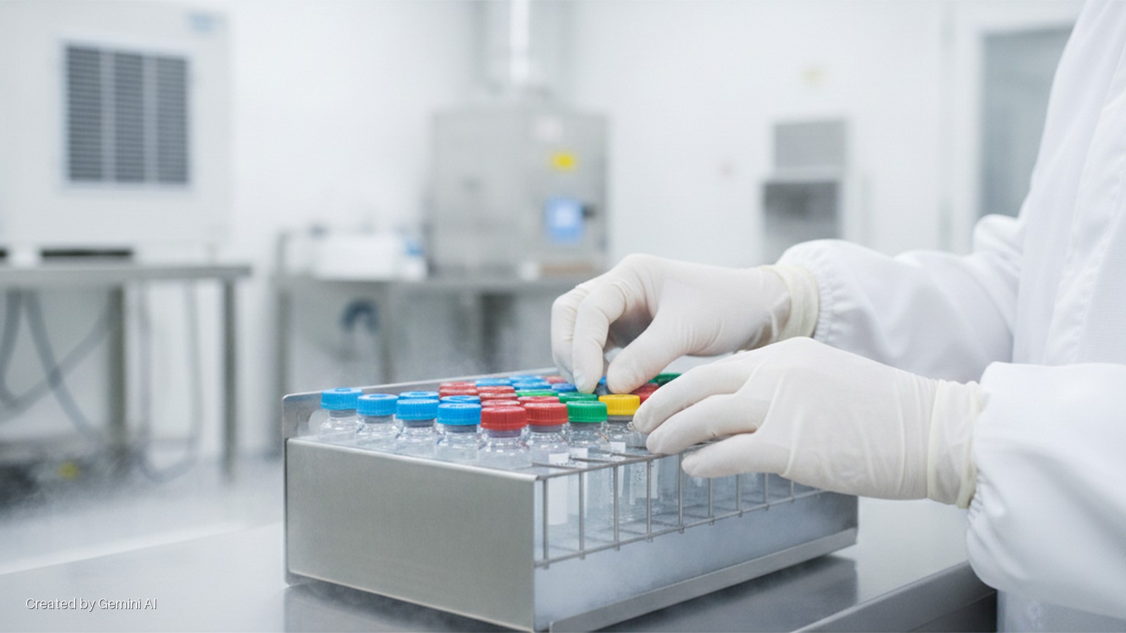 Gloved hands in a white lab coat organize clear vials with colorful caps in a metal rack on a metallic table in a brightly lit cleanroom.