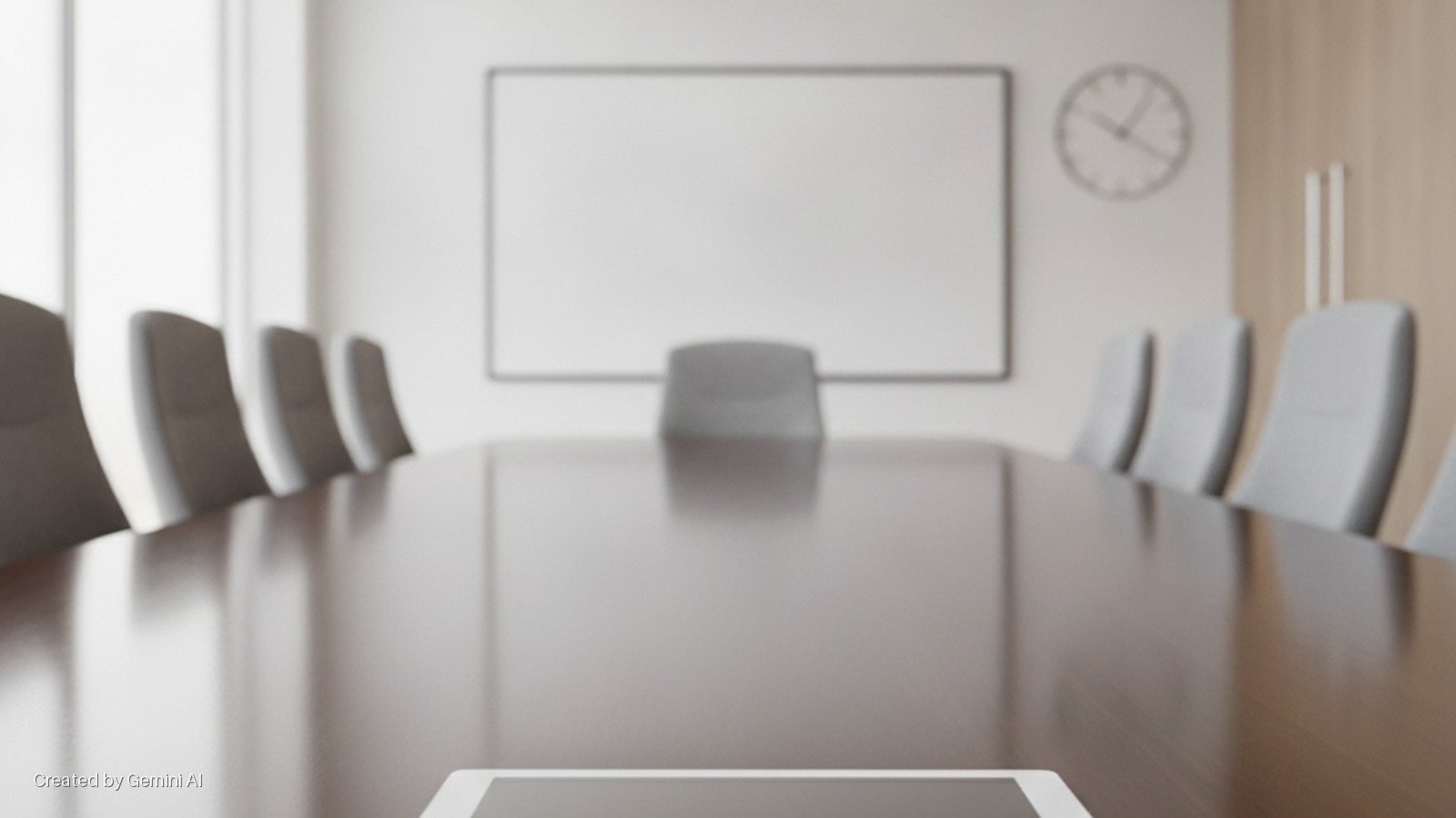 A brightly lit conference room features a long wooden table surrounded by gray chairs, with a large whiteboard, a wall clock, and a tablet in the foreground.