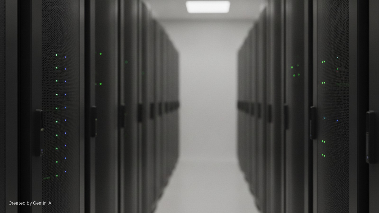 Rows of black server cabinets line a data center aisle, illuminated by an overhead rectangular light and numerous glowing green and blue status LEDs on the cabinet fronts.