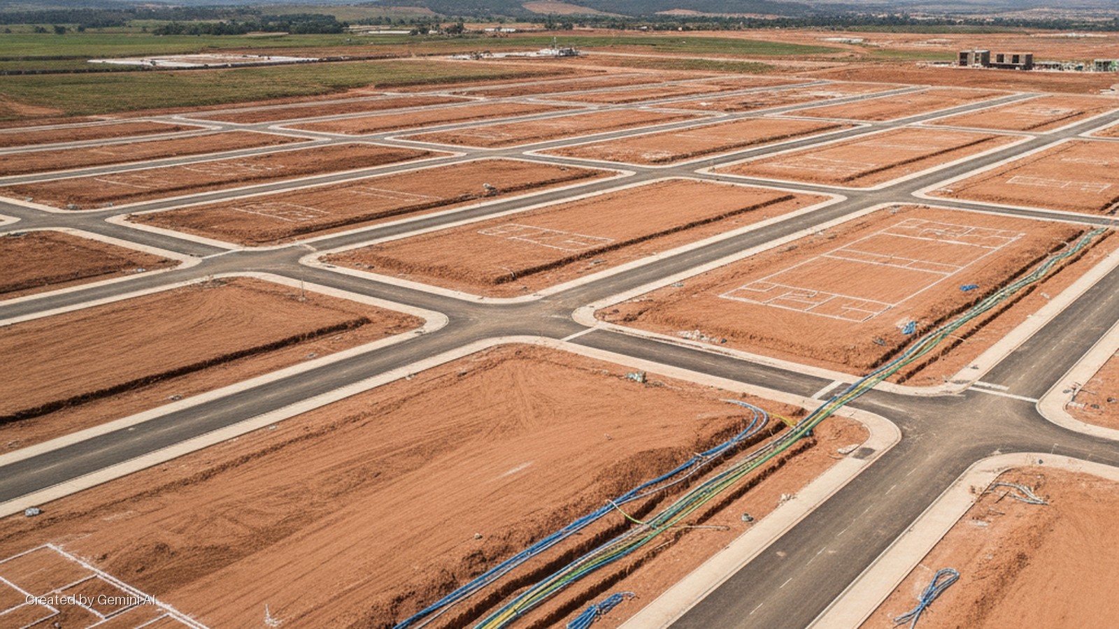 Aerial view of a large residential development featuring a grid of empty red earth plots, newly paved roads, exposed colorful utility lines, and distant green fields and buildings under bright daylight.