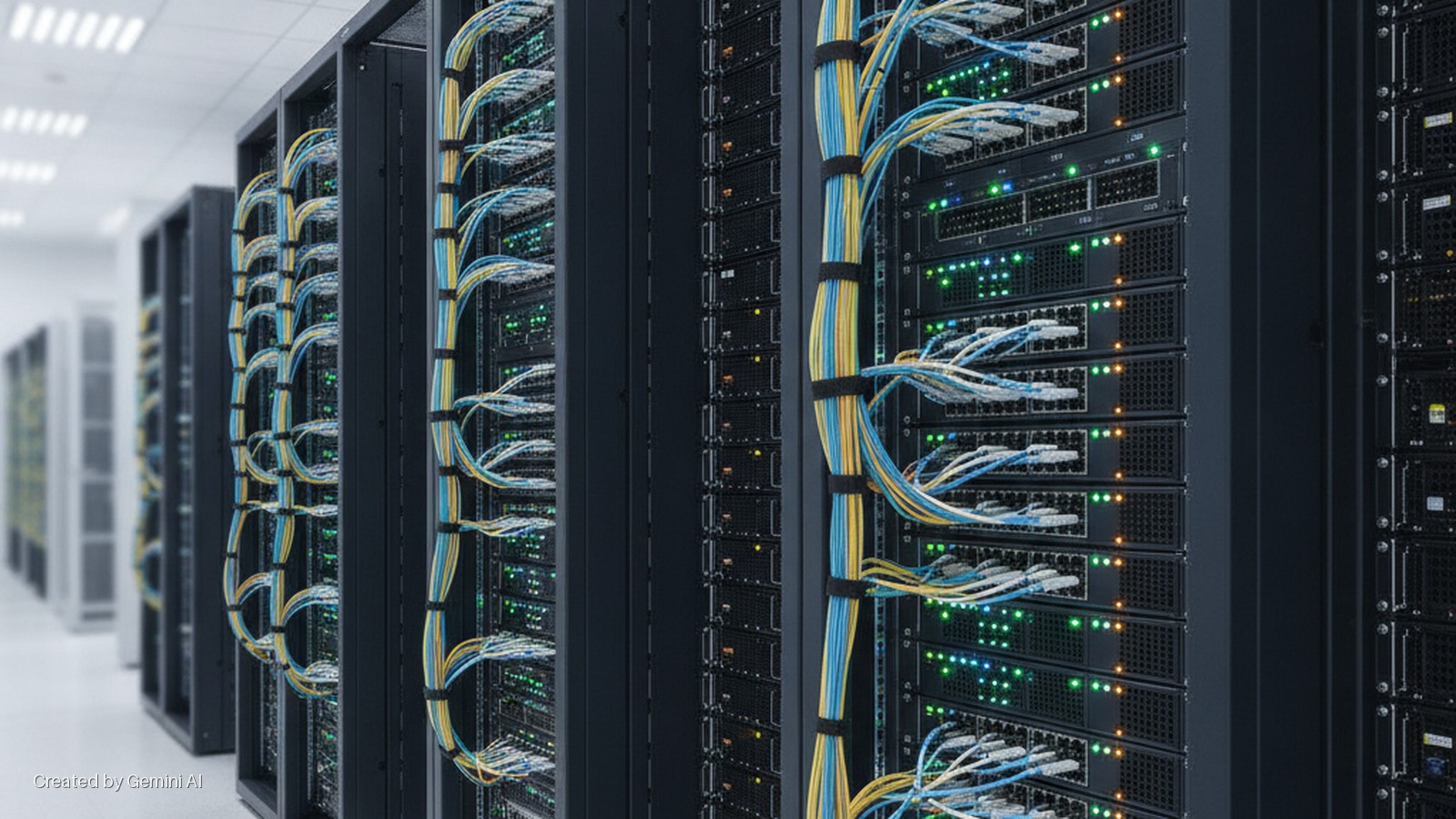 Rows of server racks filled with network equipment displaying green and amber lights, neatly organized with blue and yellow cables, under bright overhead lighting in a data center.