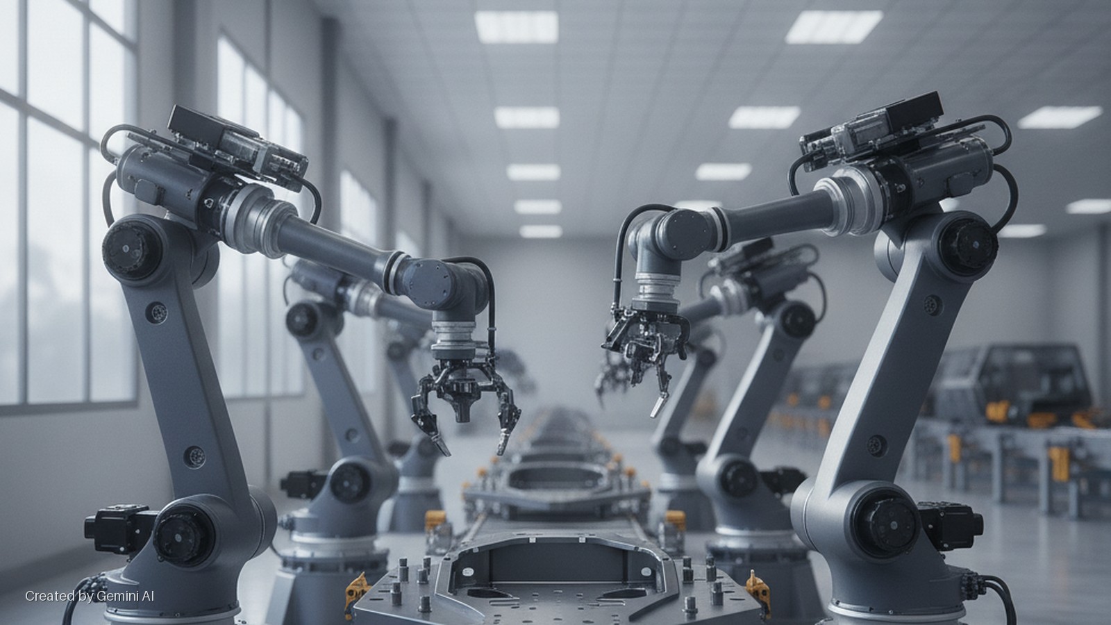 Multiple robotic arms are poised over car chassis on an assembly line in a brightly lit modern factory with large windows and overhead lighting.