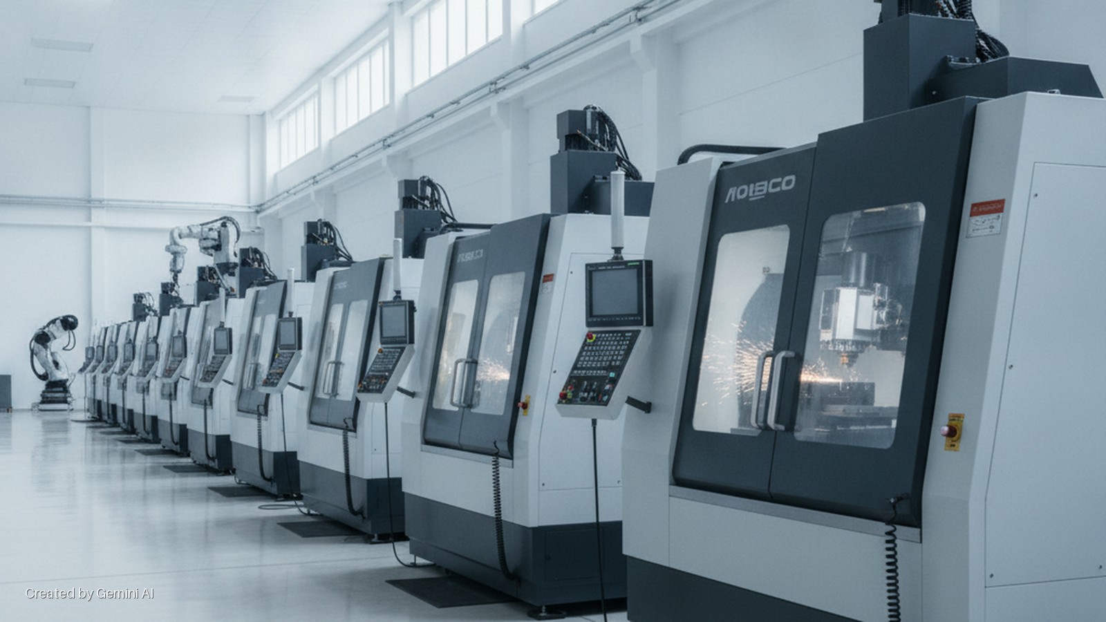 A brightly lit, clean factory floor features a long row of operational CNC machining centers, several emitting sparks, with robotic arms positioned further down the production line.