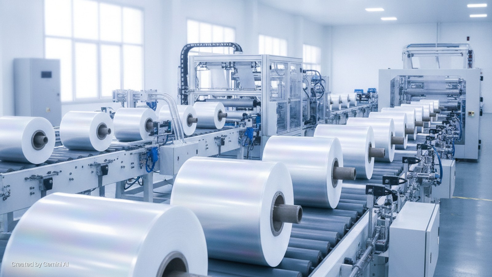 Brightly lit factory interior showing large rolls of clear plastic film moving on a conveyor belt through industrial processing machinery.