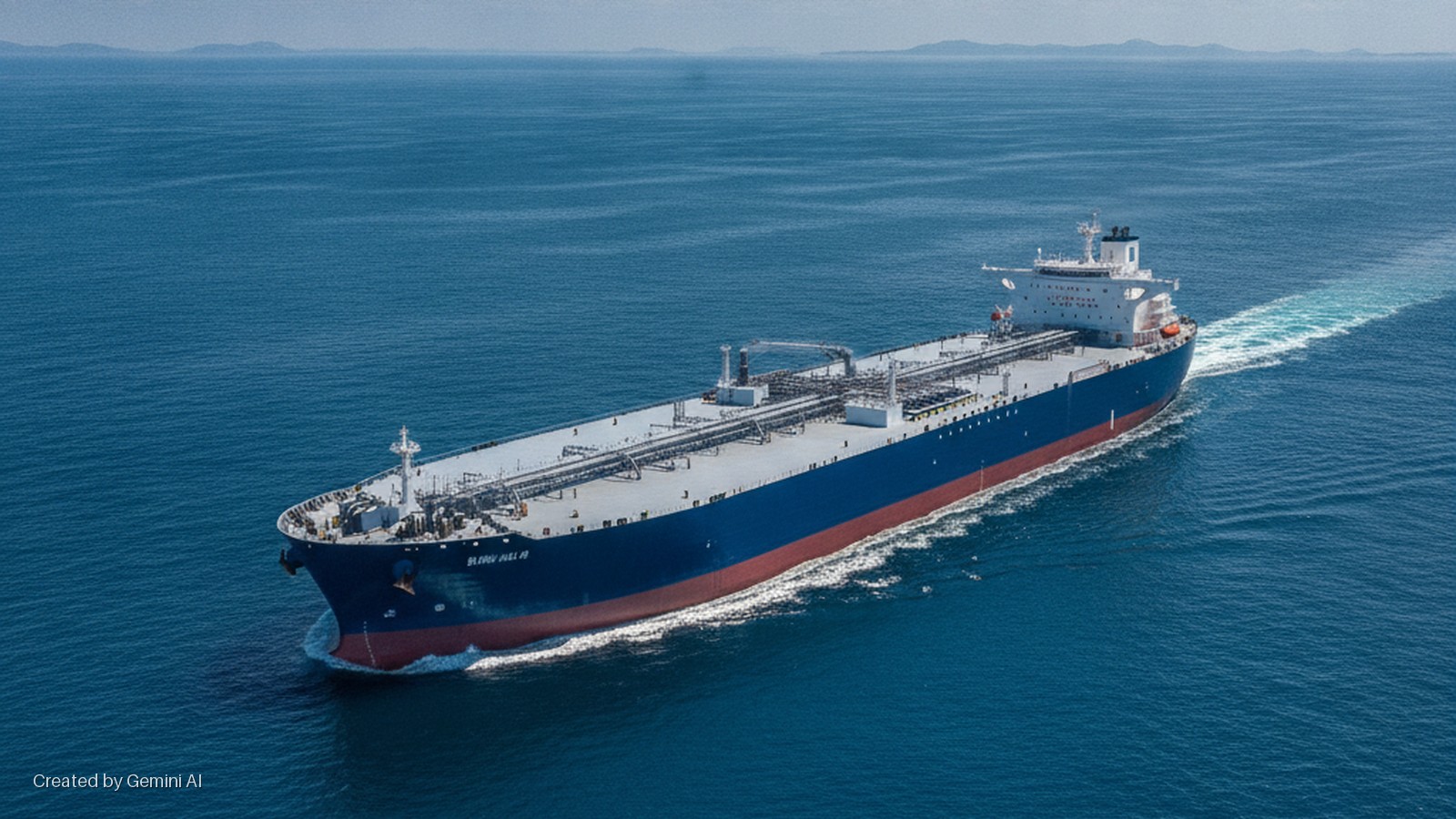 A large dark blue and red oil tanker cruises through calm blue ocean water, leaving a white wake, under bright daylight with distant mountains on the horizon.