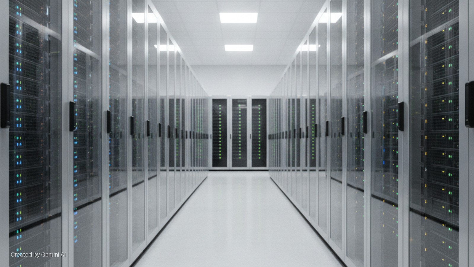 A brightly lit data center aisle extends into the distance, flanked by symmetrical rows of server racks with active blue and green LED lights under overhead panel lighting.