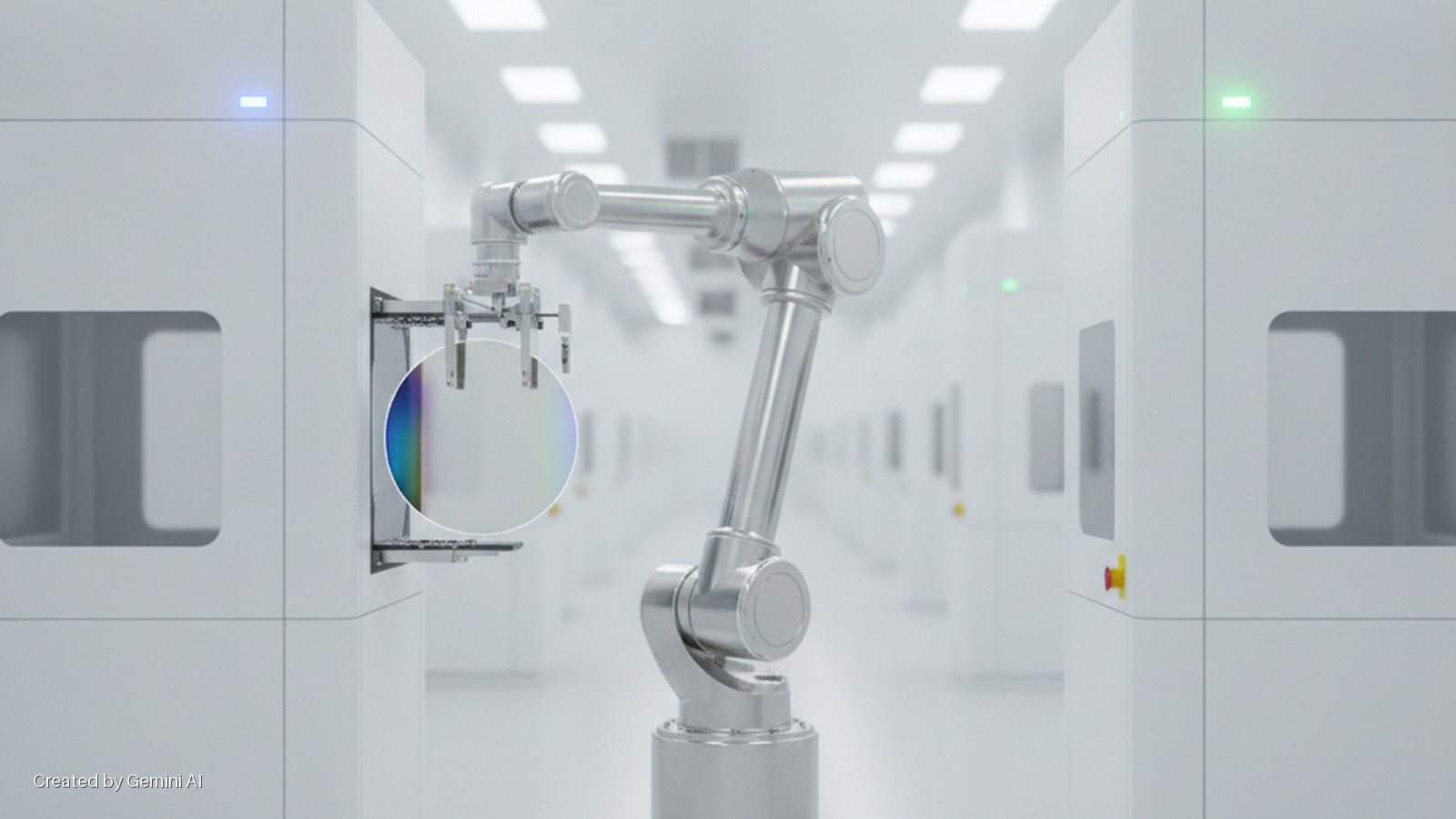 A silver robotic arm precisely positions an iridescent silicon wafer within a brightly lit, sterile semiconductor manufacturing cleanroom lined with white processing equipment modules.