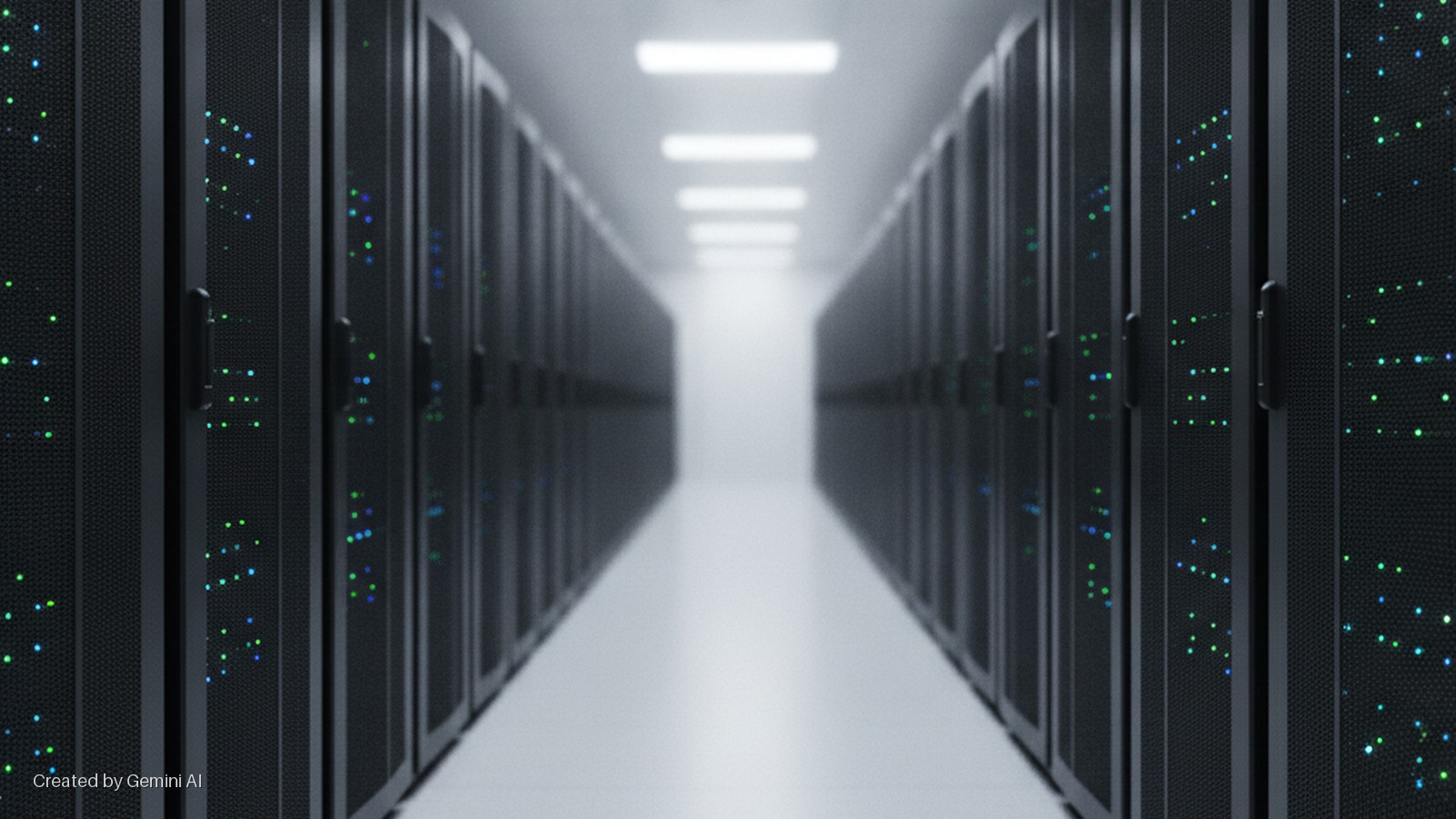 A data center aisle with parallel rows of black server racks displaying blinking green and blue lights, illuminated by bright rectangular overhead lights.