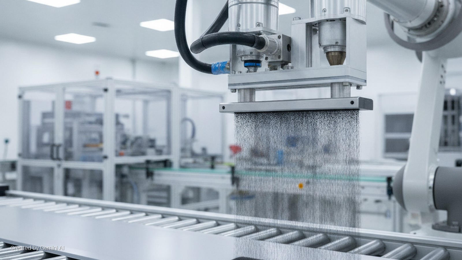 A robotic arm with a nozzle sprays fine particles onto a conveyor belt in a brightly lit industrial cleanroom, with other machinery in the background.