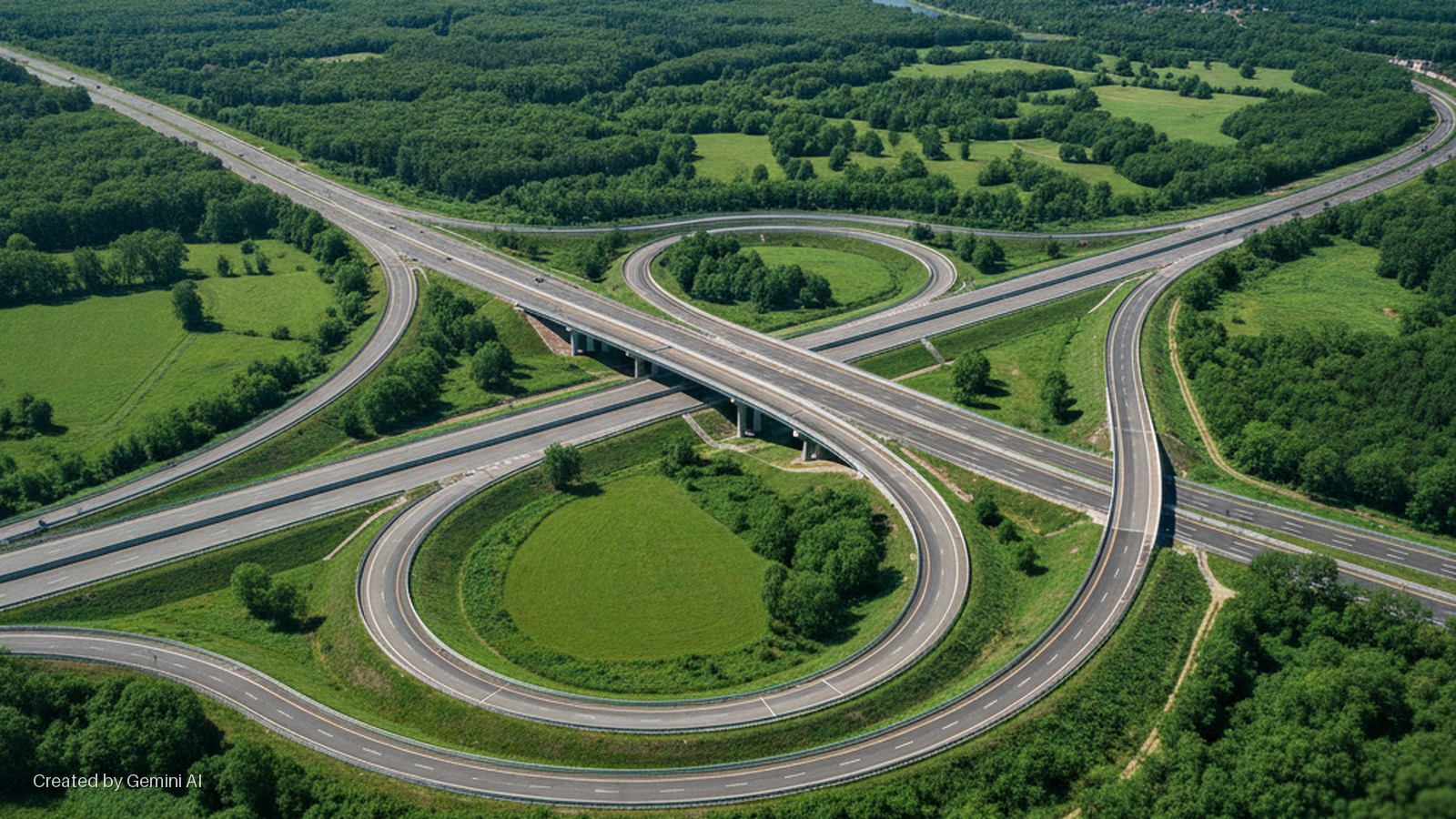An aerial view captures a complex highway interchange with multiple concrete bridges and asphalt roads curving through lush green fields and dense forests, with a distant body of water under bright daylight.