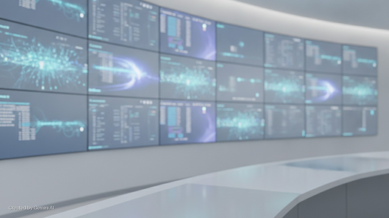 A brightly lit, modern control room features a curved wall of multiple screens displaying abstract blue data graphics and text, with a sleek white counter in the foreground.