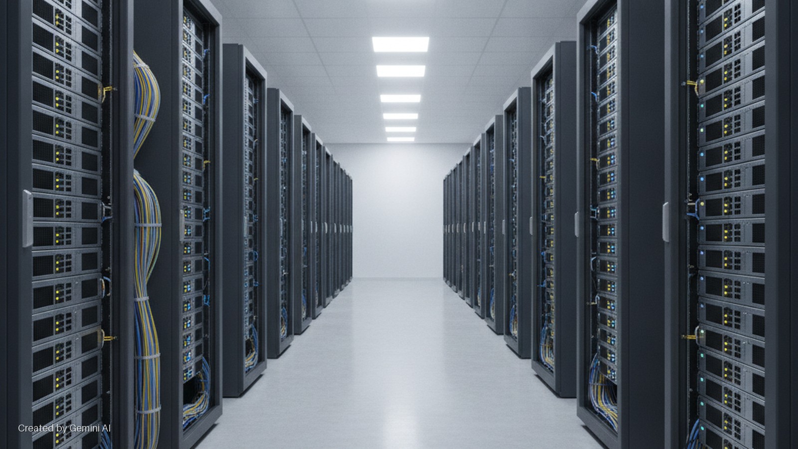 A brightly lit data center hallway extends into the distance, flanked by symmetrical rows of dark server racks displaying numerous yellow and blue indicator lights and bundles of colorful cables.
