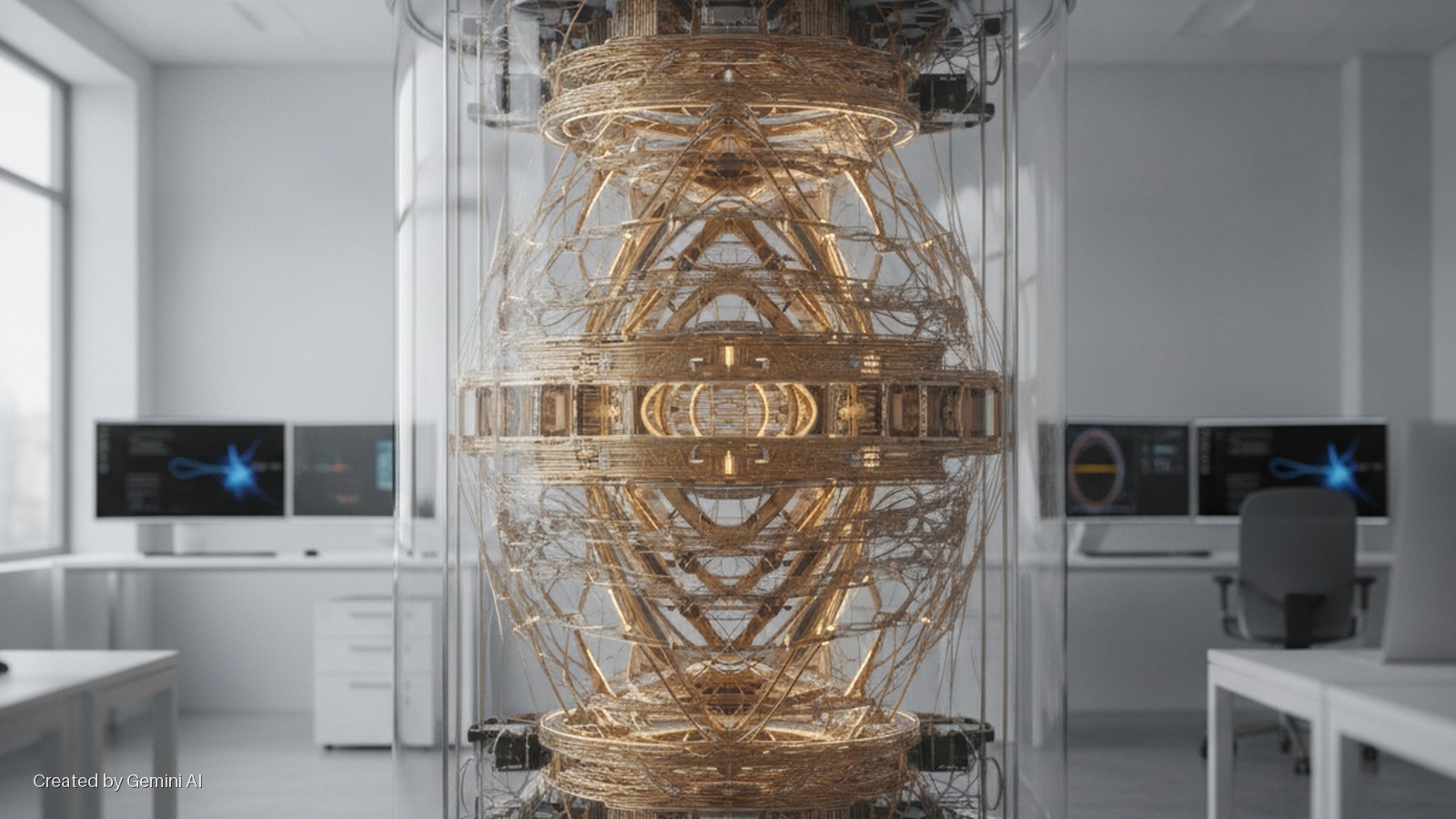 An intricate, glowing golden wire apparatus, encased within a clear glass cylinder, stands centrally in a brightly lit modern office furnished with white desks, office chairs, computer monitors displaying scientific graphics, a window, and 