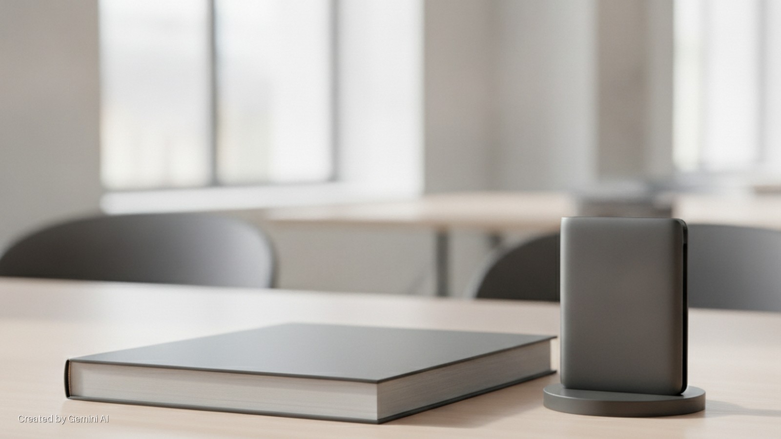 A closed gray book and a gray rectangular device standing upright on a round base are on a light wooden table in a brightly lit modern room with blurred background windows and chairs.