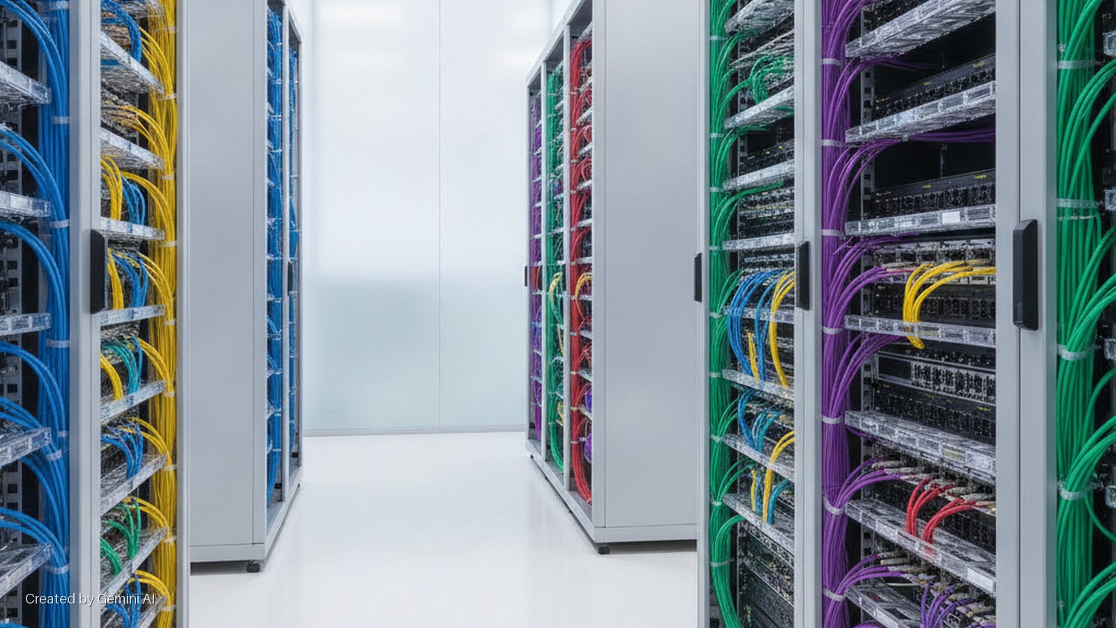 A brightly lit data center aisle features multiple server racks showcasing neatly organized blue, yellow, green, purple, and red ethernet cables.