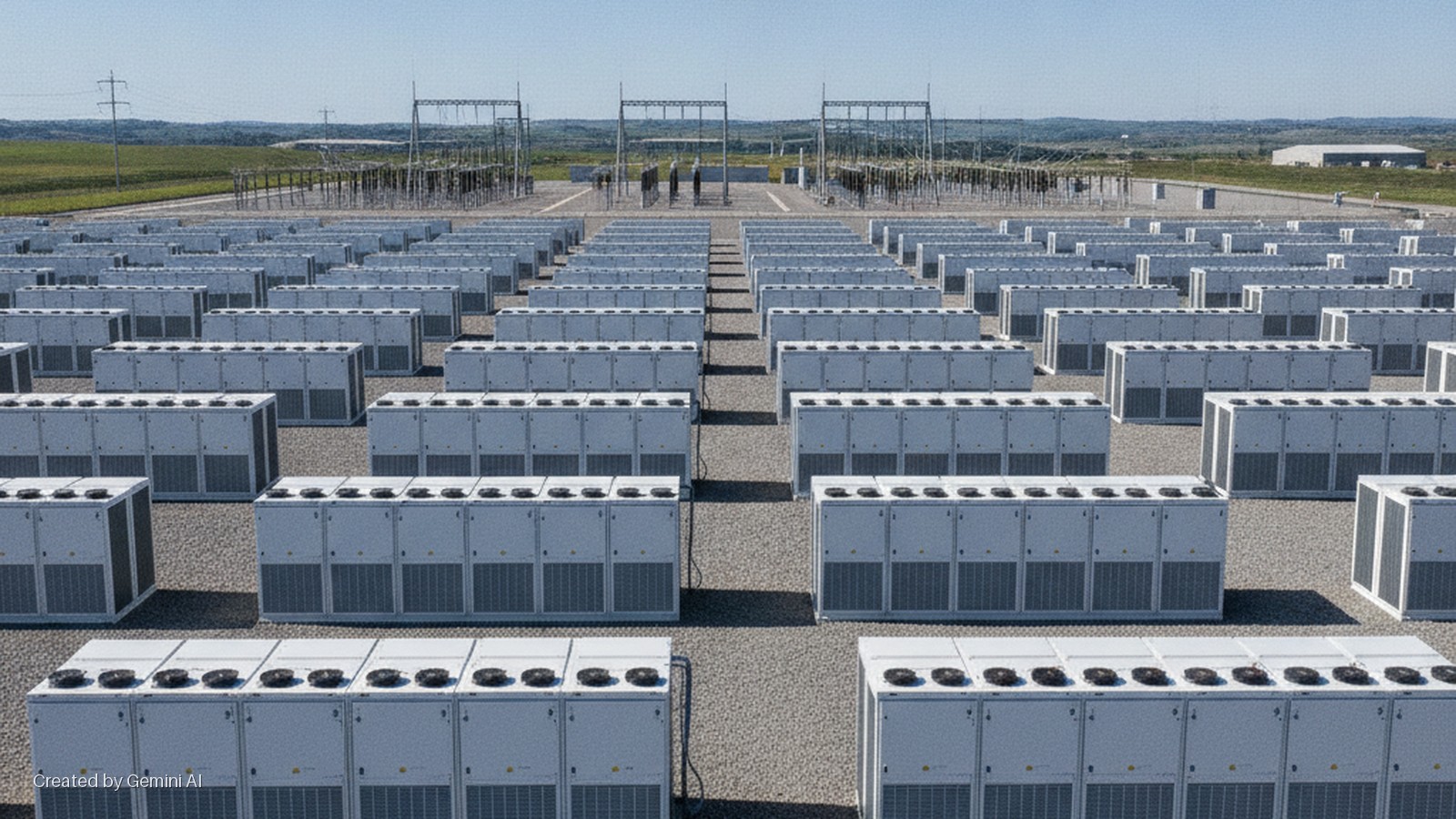 Numerous white rectangular energy storage units are arranged in neat rows on a gravel lot under a clear, sunny sky, with an electrical substation and power lines in the background against distant green hills.