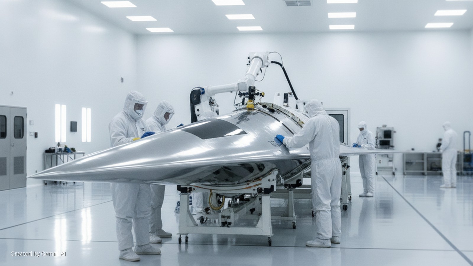 Engineers in white cleanroom suits work on a sleek, silver, pointed aerodynamic vehicle with a robotic arm in a brightly lit, white cleanroom facility.