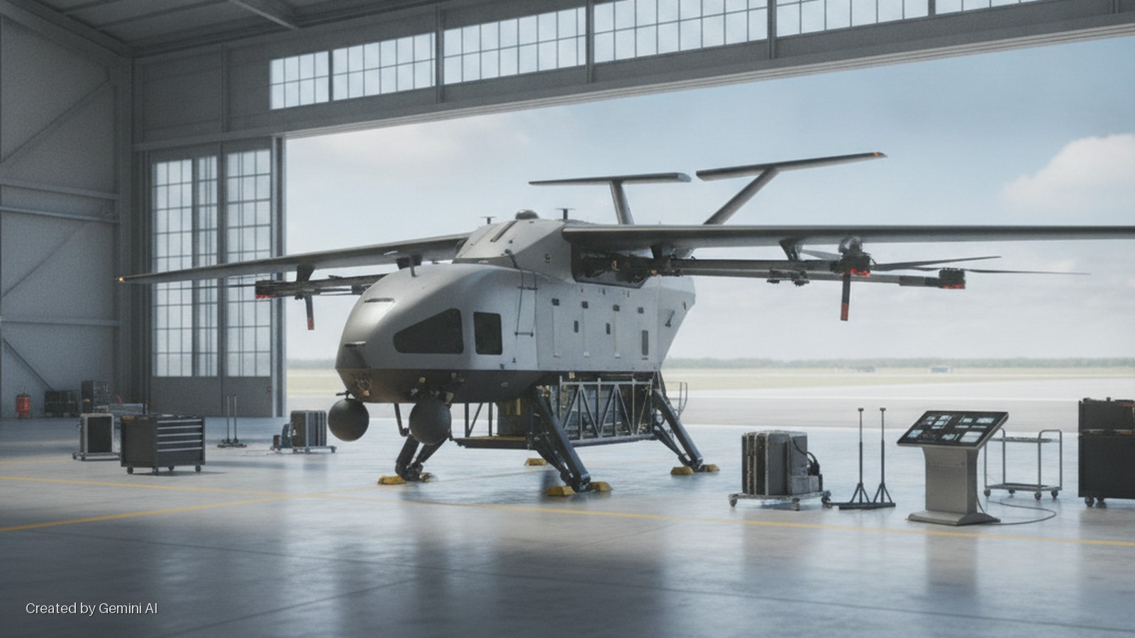 A large, grey VTOL drone with multiple propellers rests on its landing gear inside an open hangar, surrounded by various pieces of ground support equipment and illuminated by bright natural light.