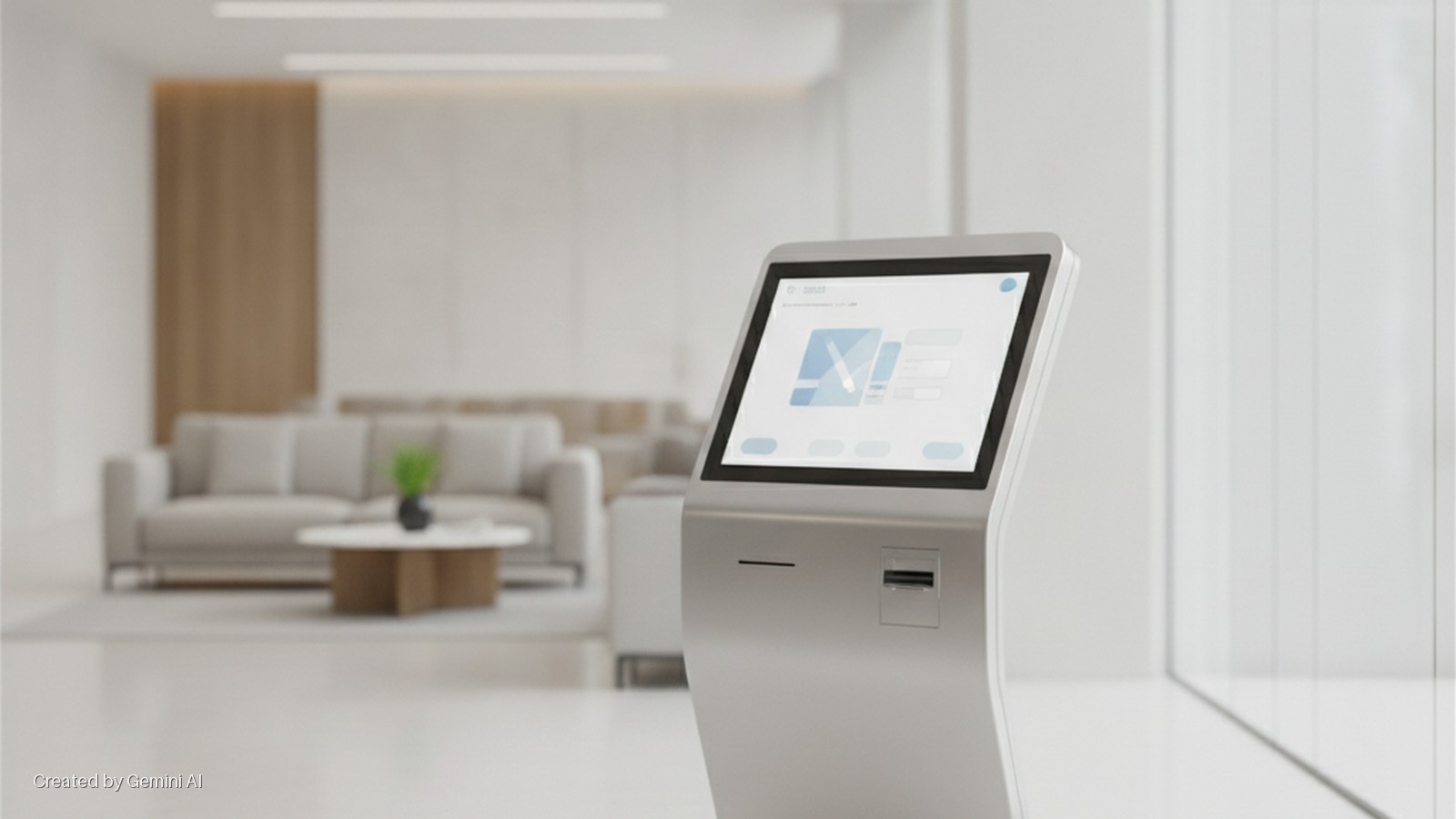 A silver self-service kiosk with a digital touchscreen is in the foreground of a bright, modern waiting room with blurred light-colored sofas, a coffee table, and a small plant in the background.