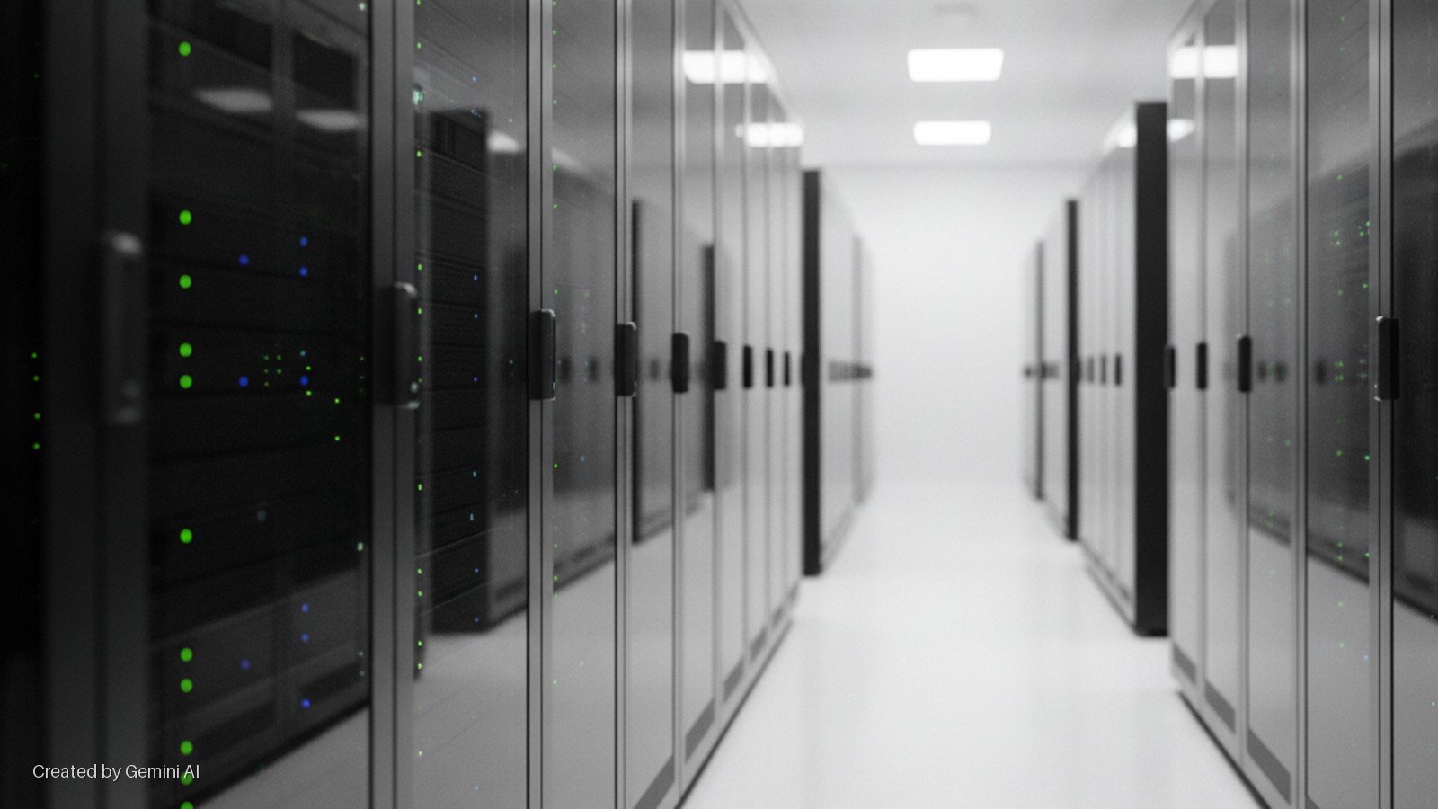 Long rows of dark server racks with reflective doors displaying green and blue indicator lights line a brightly lit white data center aisle.