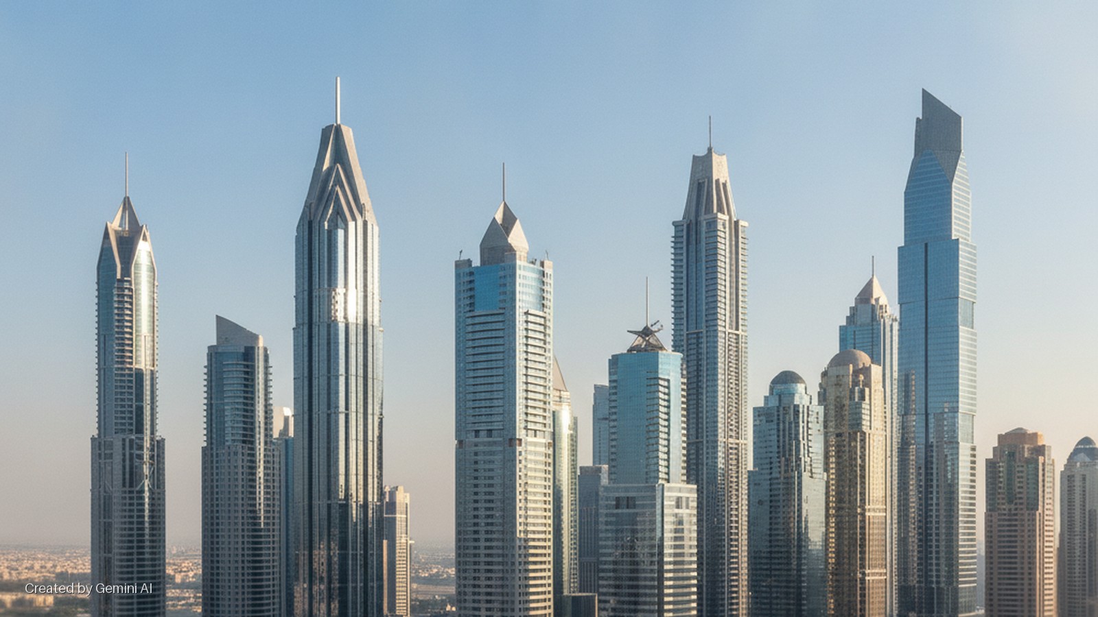 A wide view of a modern city skyline featuring numerous tall skyscrapers against a bright, clear blue sky.