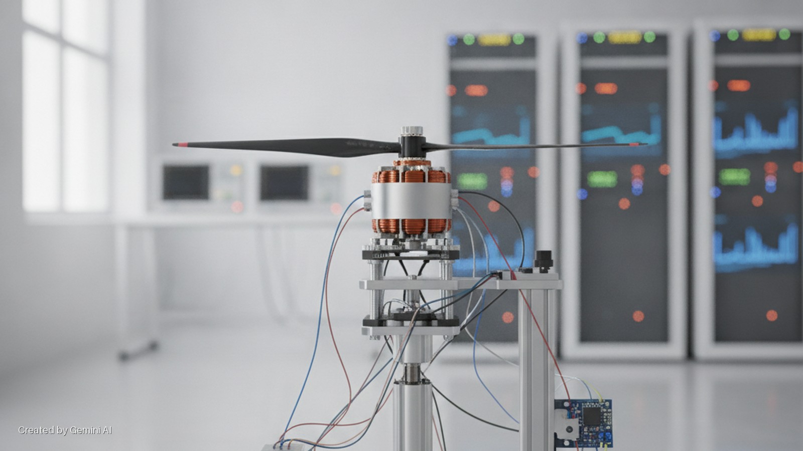 A drone propeller and exposed electric motor are mounted on a metallic testing rig with wires and a circuit board, set in a brightly lit, white laboratory with glowing data display racks in the background.
