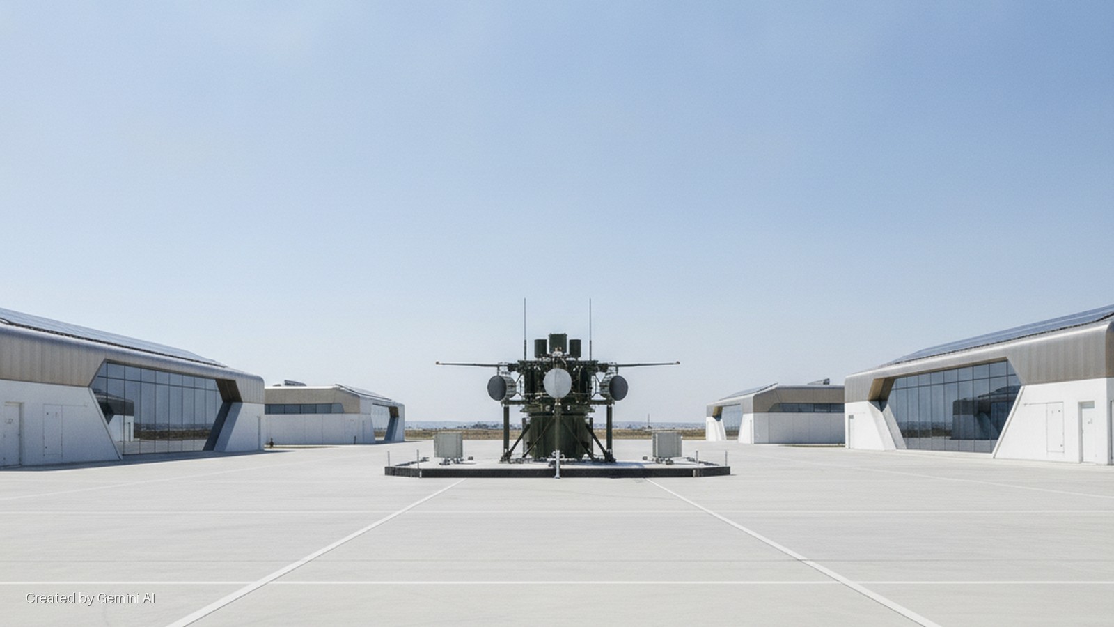 A large, complex antenna array is centrally positioned on a concrete apron, flanked by two modern buildings with angular white facades, large glass windows, and solar panels on their roofs, under bright daylight.