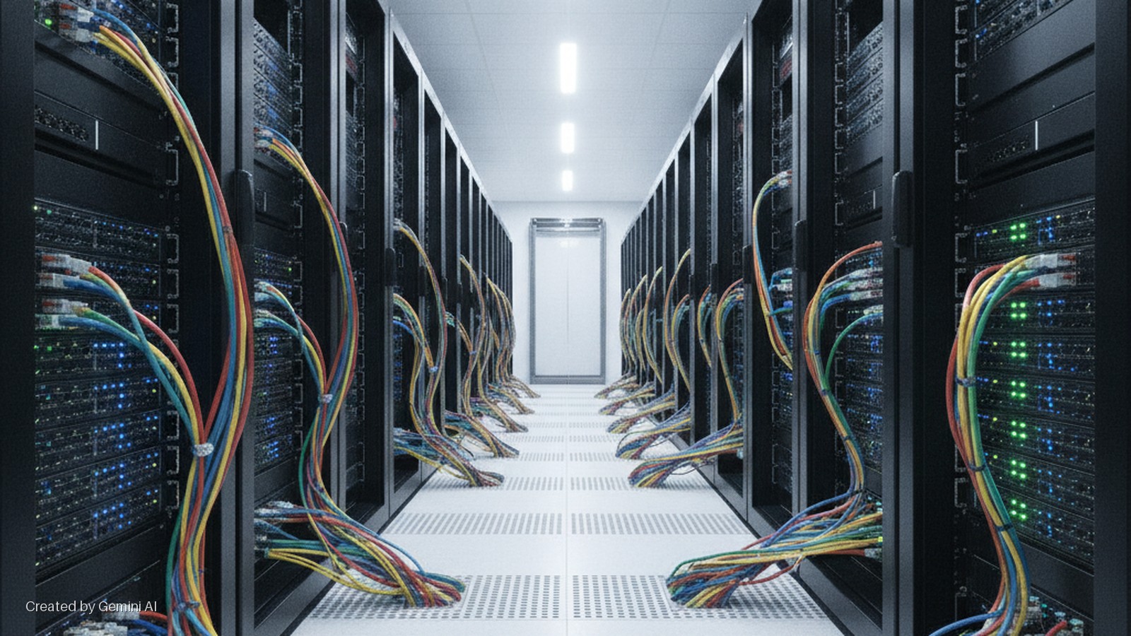A long data center hallway is flanked by rows of dark server racks with glowing blue and green indicator lights, and numerous colorful network cables flowing from the equipment under bright overhead lighting.