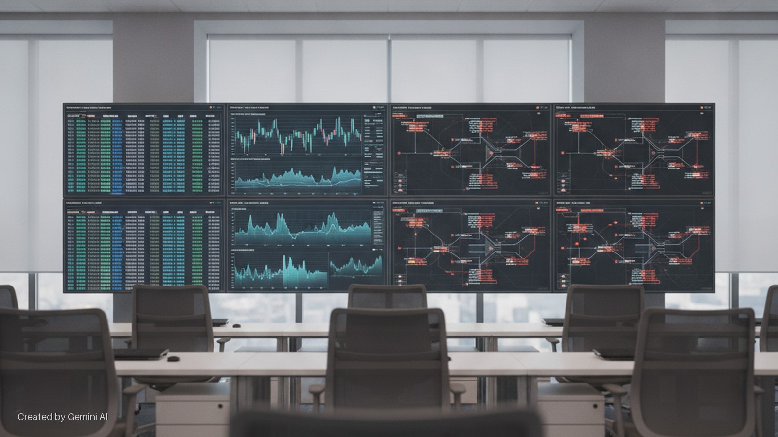 A modern control room features a large eight-screen display wall showing numeric lists, various charts, and complex network diagrams, with rows of empty office chairs and desks in the foreground, illuminated by natural light from large wind