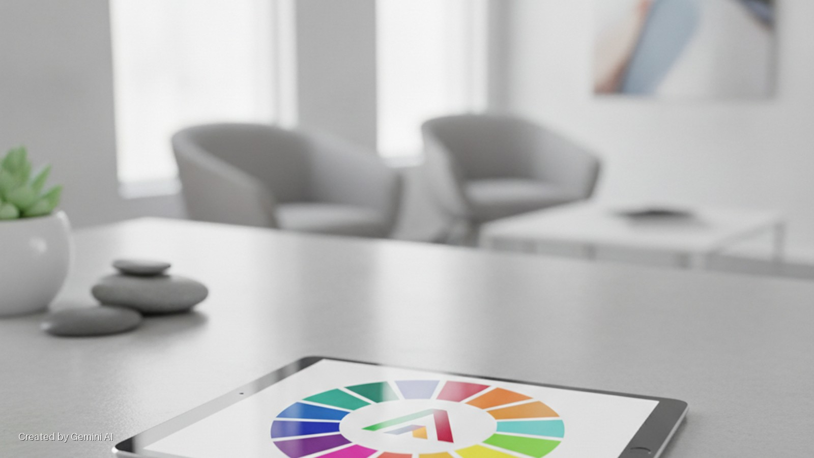 On a light gray table, a silver tablet displays a colorful color wheel with a stylized 'A' logo, beside a succulent plant in a white pot and stacked gray stones, all in a brightly lit room with blurred furniture and wall art in the backgrou