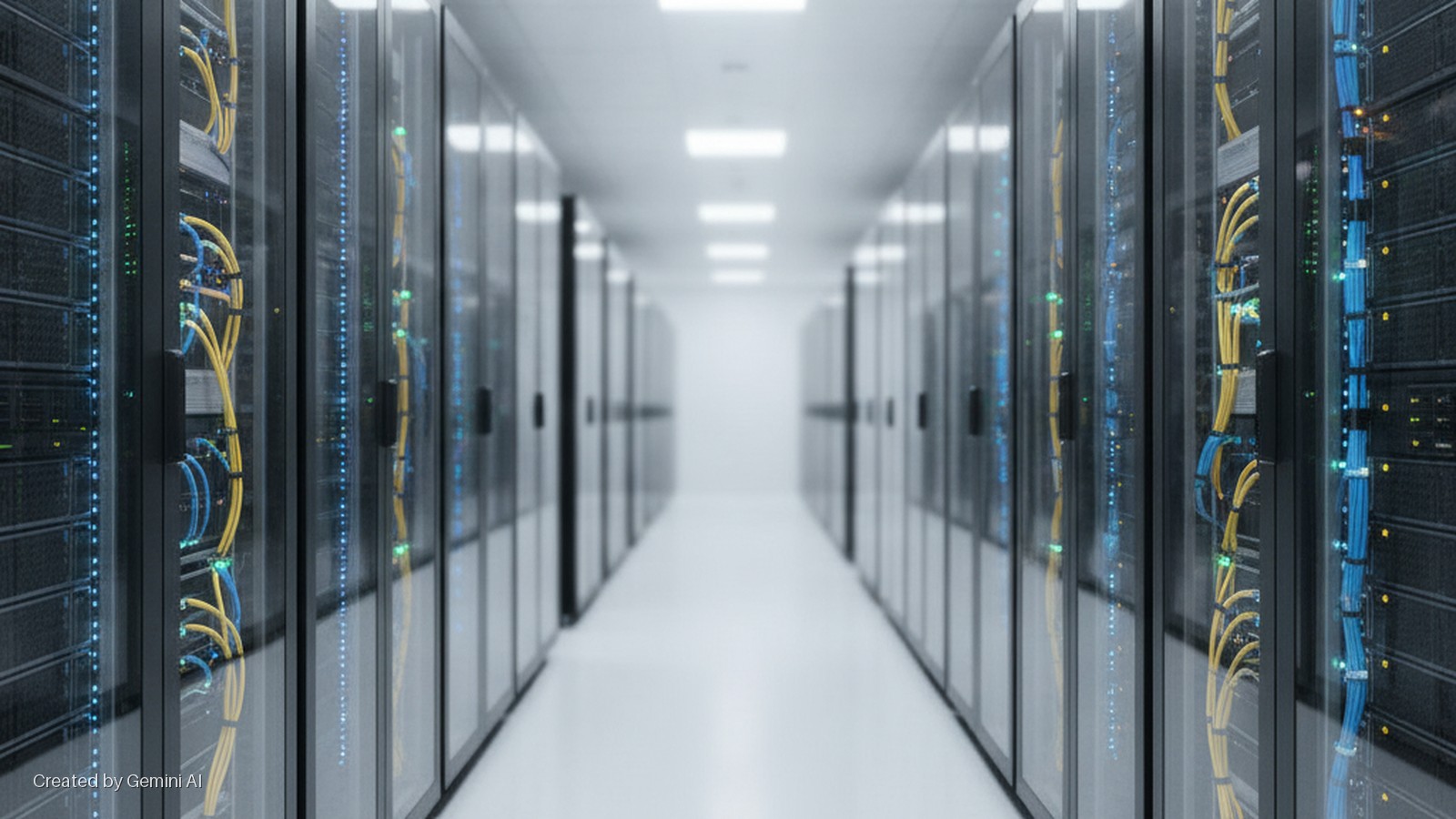 A brightly lit data center aisle lined with server racks displaying blinking blue and green lights and yellow and blue cables.