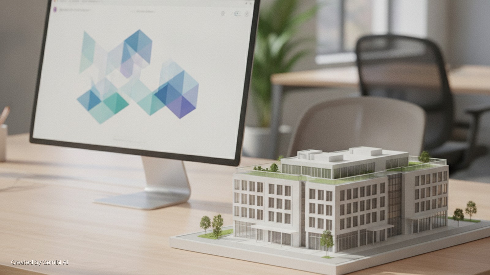 A wooden office desk holds a computer monitor displaying abstract geometric shapes and a white architectural model of a multi-story building with green roofs and trees, set against a blurred office background with soft natural lighting.