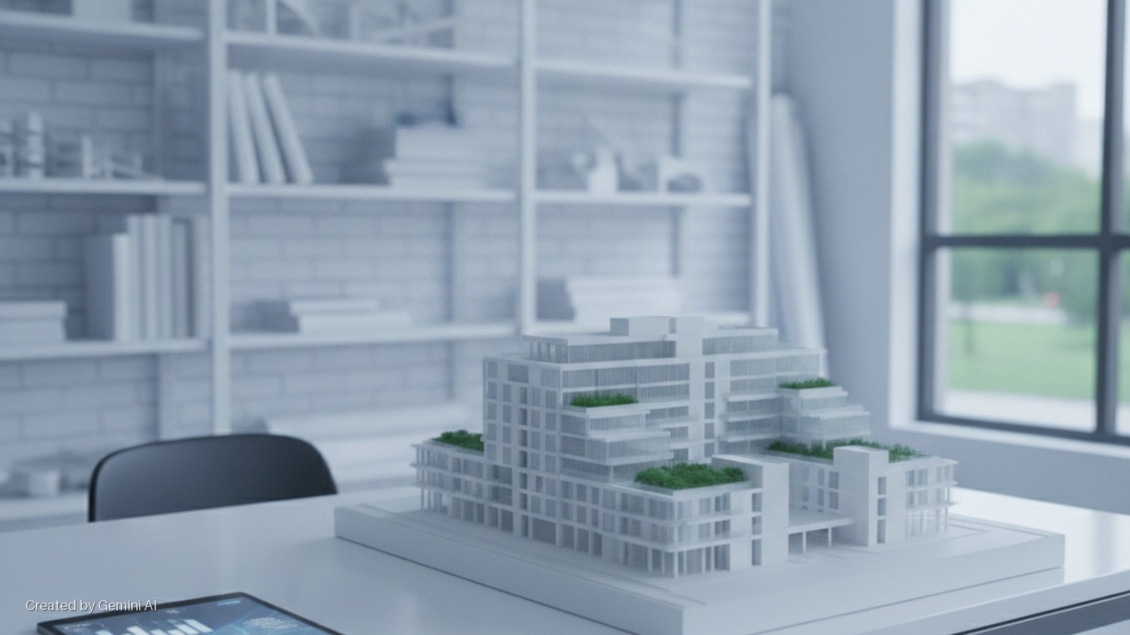 A white architectural model of a modern building with green rooftop terraces stands on a brightly lit office desk, a tablet displaying charts in the foreground, and blurred bookshelves and an outdoor view through a window in the background.