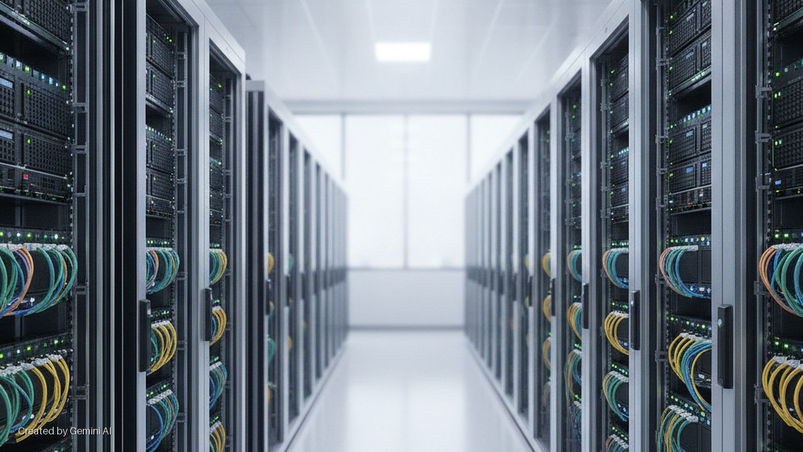 A bright, central perspective down a data center aisle with multiple server racks on both sides, showcasing various servers connected by blue, yellow, and green/orange network cables with illuminated indicator lights.