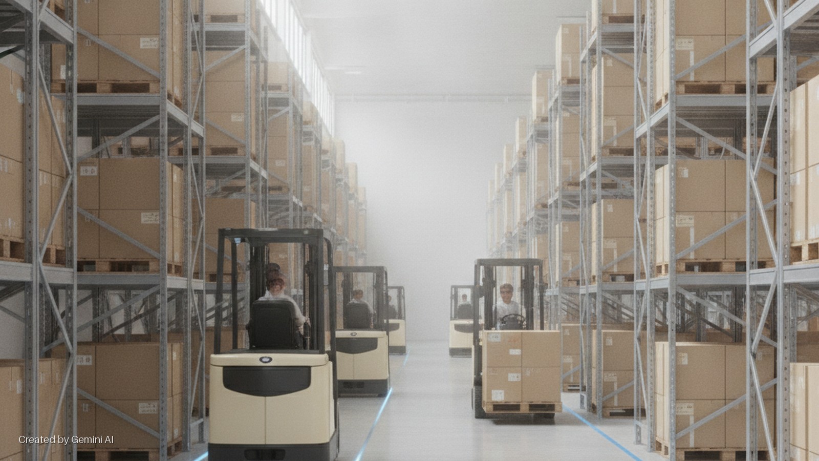 Multiple people drive forklifts in a brightly lit warehouse aisle lined with tall metal shelving stacked with cardboard boxes on pallets, fading into a hazy background.