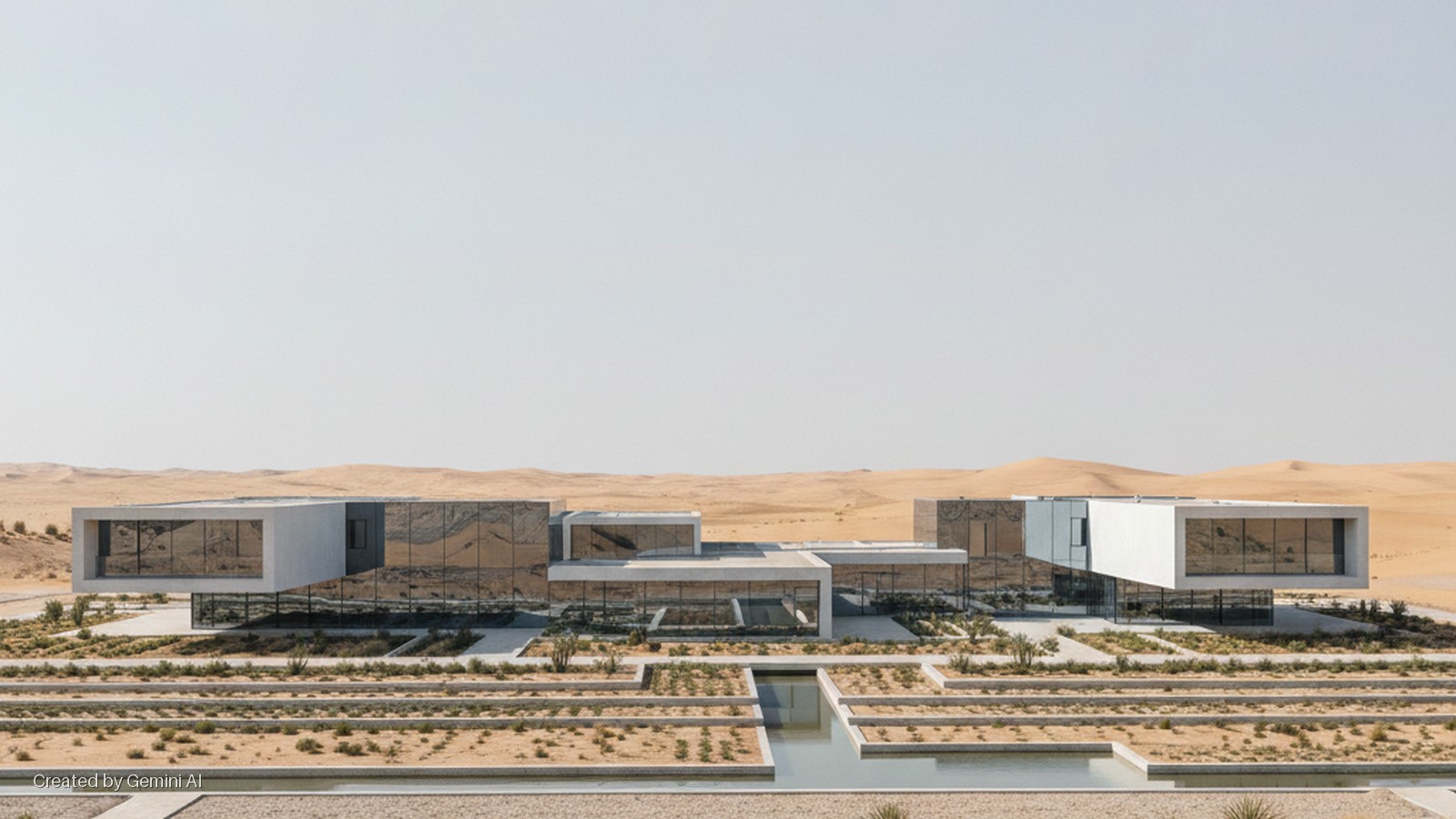 A modern building with reflective glass walls and white concrete elements stands in a desert landscape with sand dunes, surrounded by a terraced garden and water features under bright daylight.