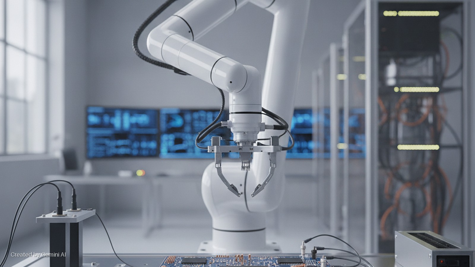 A white robotic arm with a gripper tool is positioned over a blue circuit board on a workbench in a brightly lit modern laboratory, featuring blue data displays and server racks in the background.