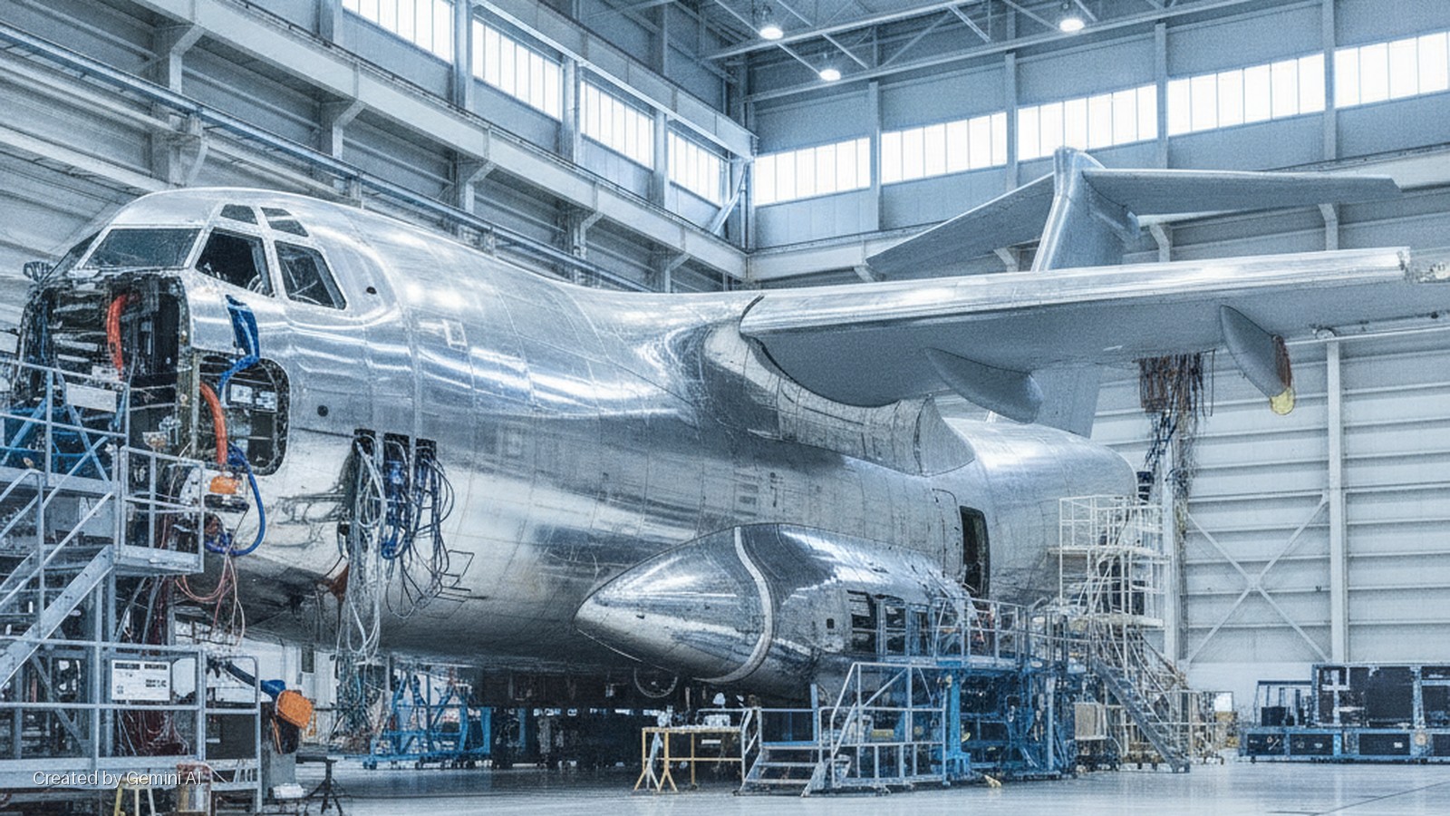A large, reflective aircraft with exposed wiring and open panels is under construction inside a brightly lit hangar, surrounded by scaffolding and equipment.