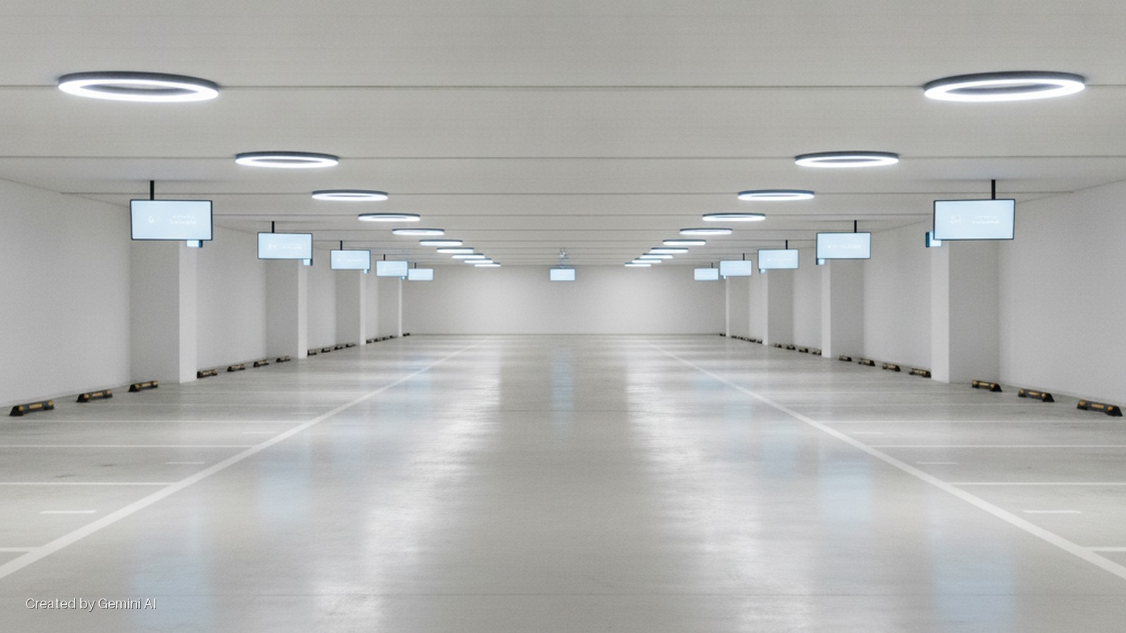 An empty, modern parking garage with a polished concrete floor, white parking lines, rows of white pillars featuring mounted digital screens, numerous circular overhead lights, and black and yellow wheel stops.