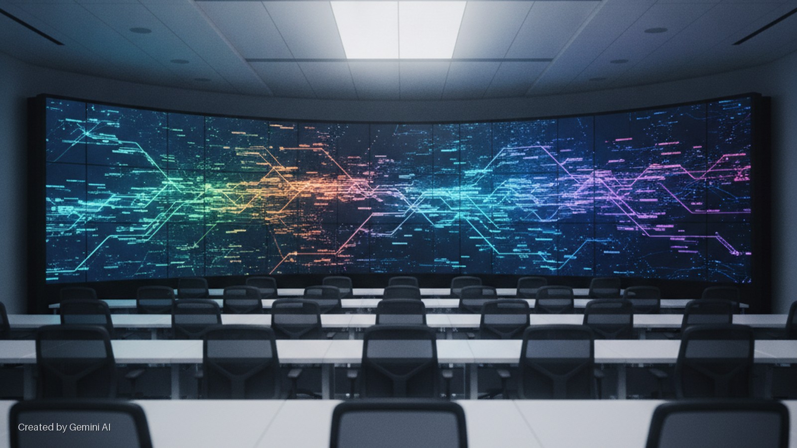A dim conference room with rows of empty tables and black chairs faces a large, curved video wall displaying a vibrant, multi-colored digital network pattern under soft overhead lighting.