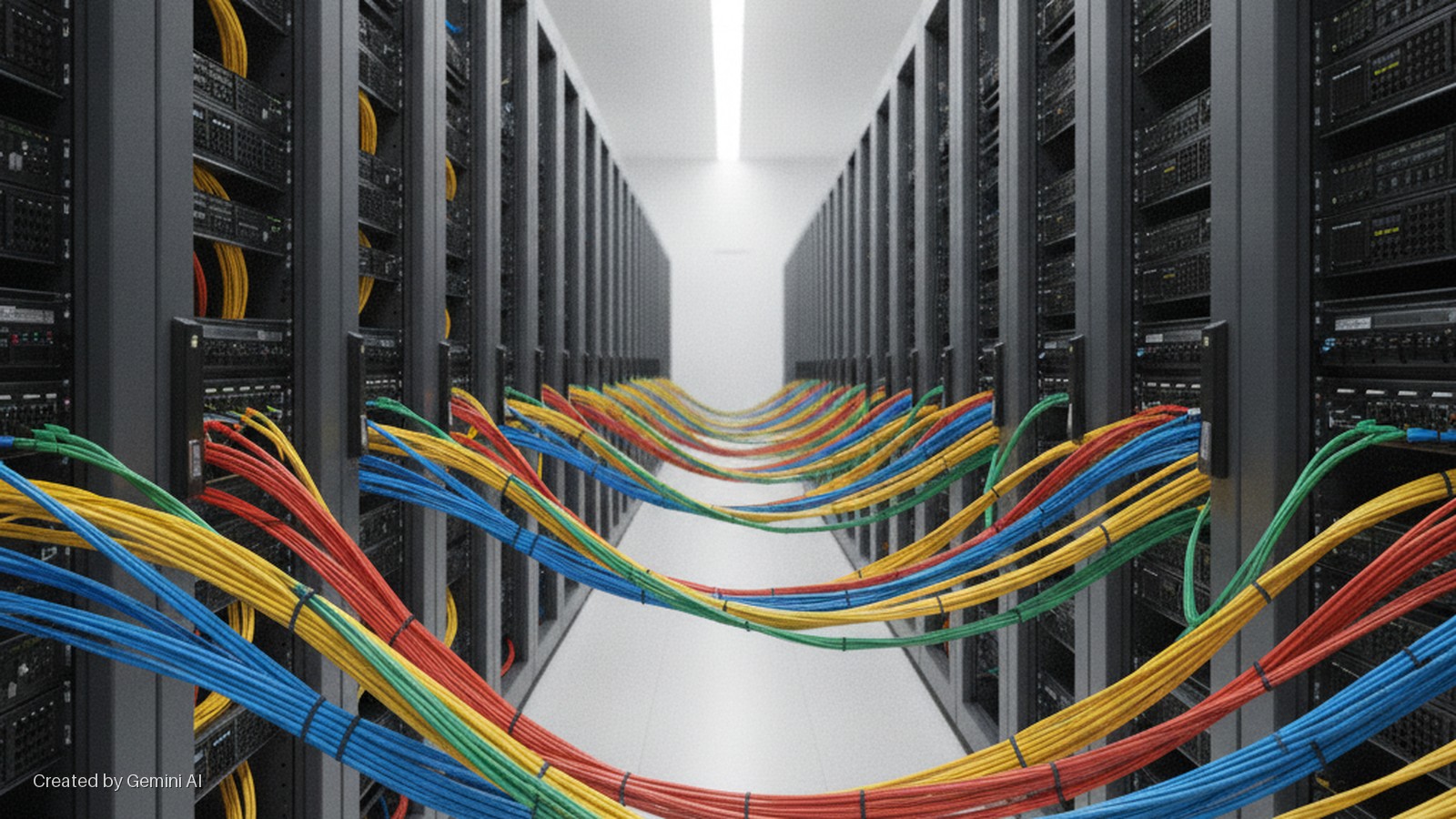 Bundles of red, blue, yellow, and green network cables arc over a brightly lit white floor in a long data center aisle lined with dark server racks.